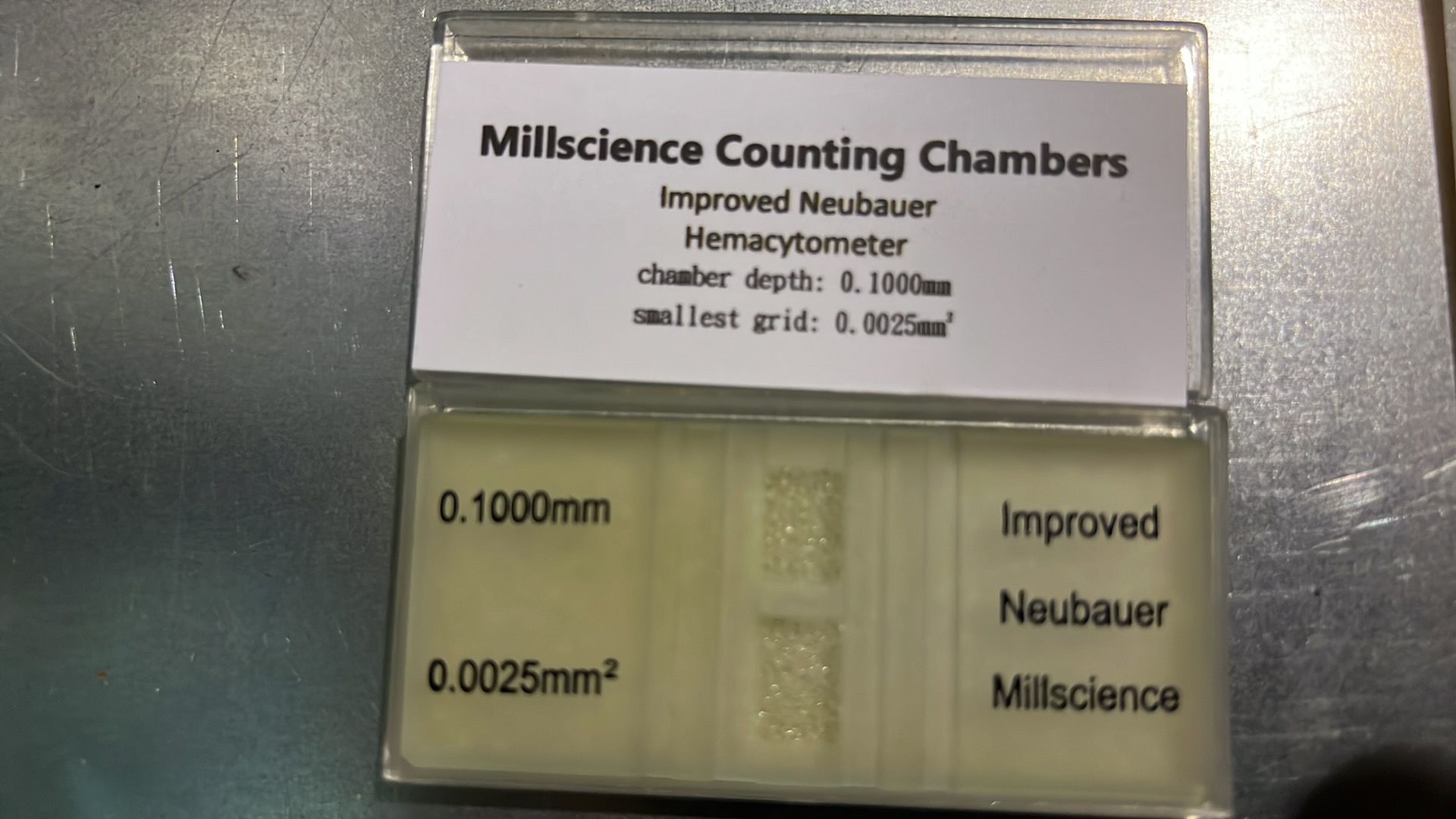 MILLSCIENCE Counting Chambers, Improved Neubauer Hemacytometer, ch. Depth 0.1000mm, smallest grid 0.