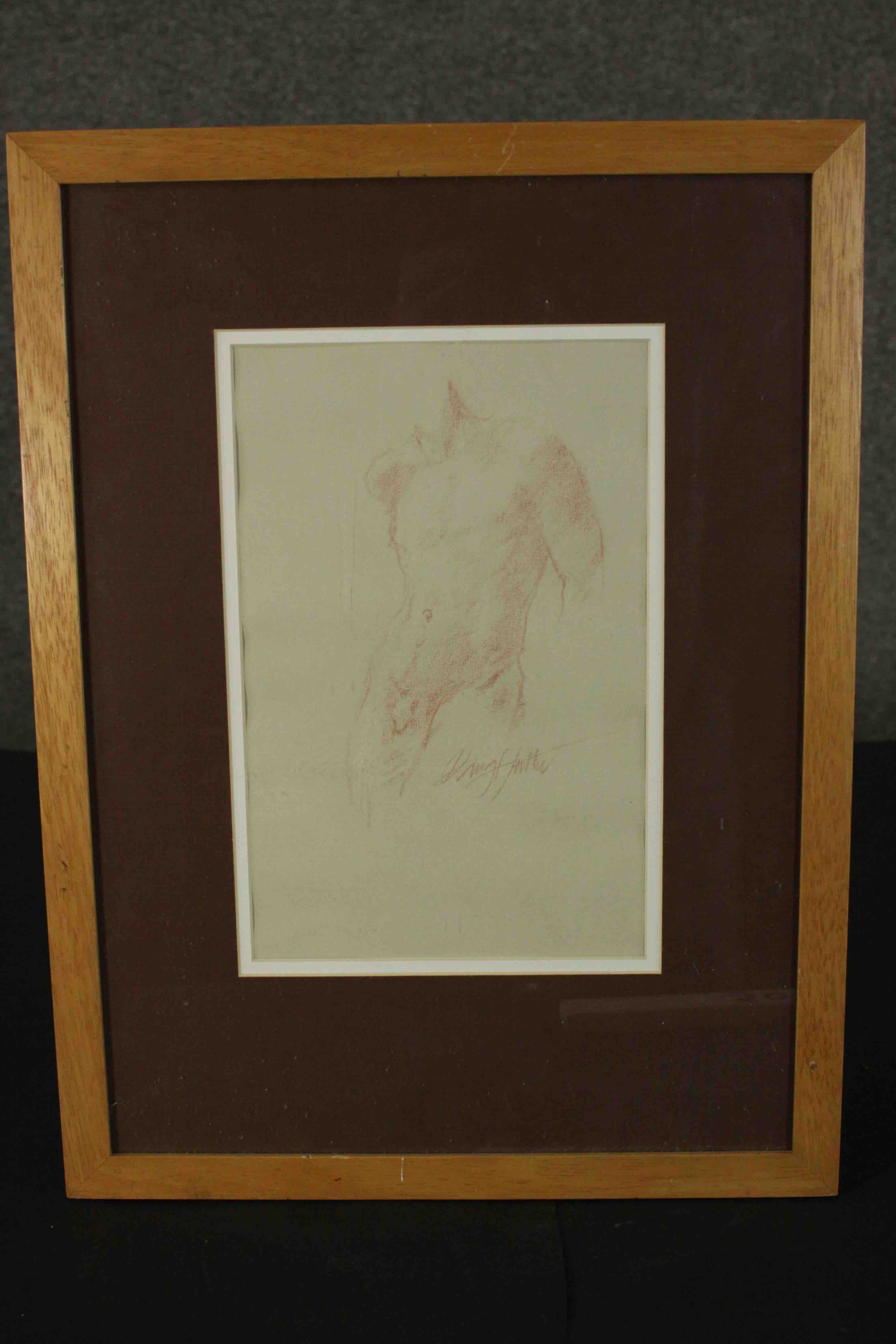 A framed and glazed red pencil drawing of a male nude, indistinctly signed. H.49 W.36cm. - Image 2 of 7