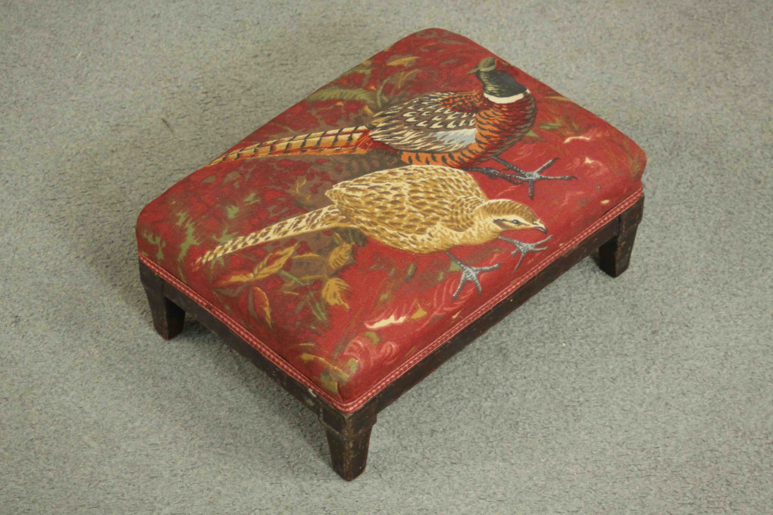 A 20th century foot stool with a padded tapestry top with pheasant design. H.15 W.37 D.28cm. - Image 3 of 4