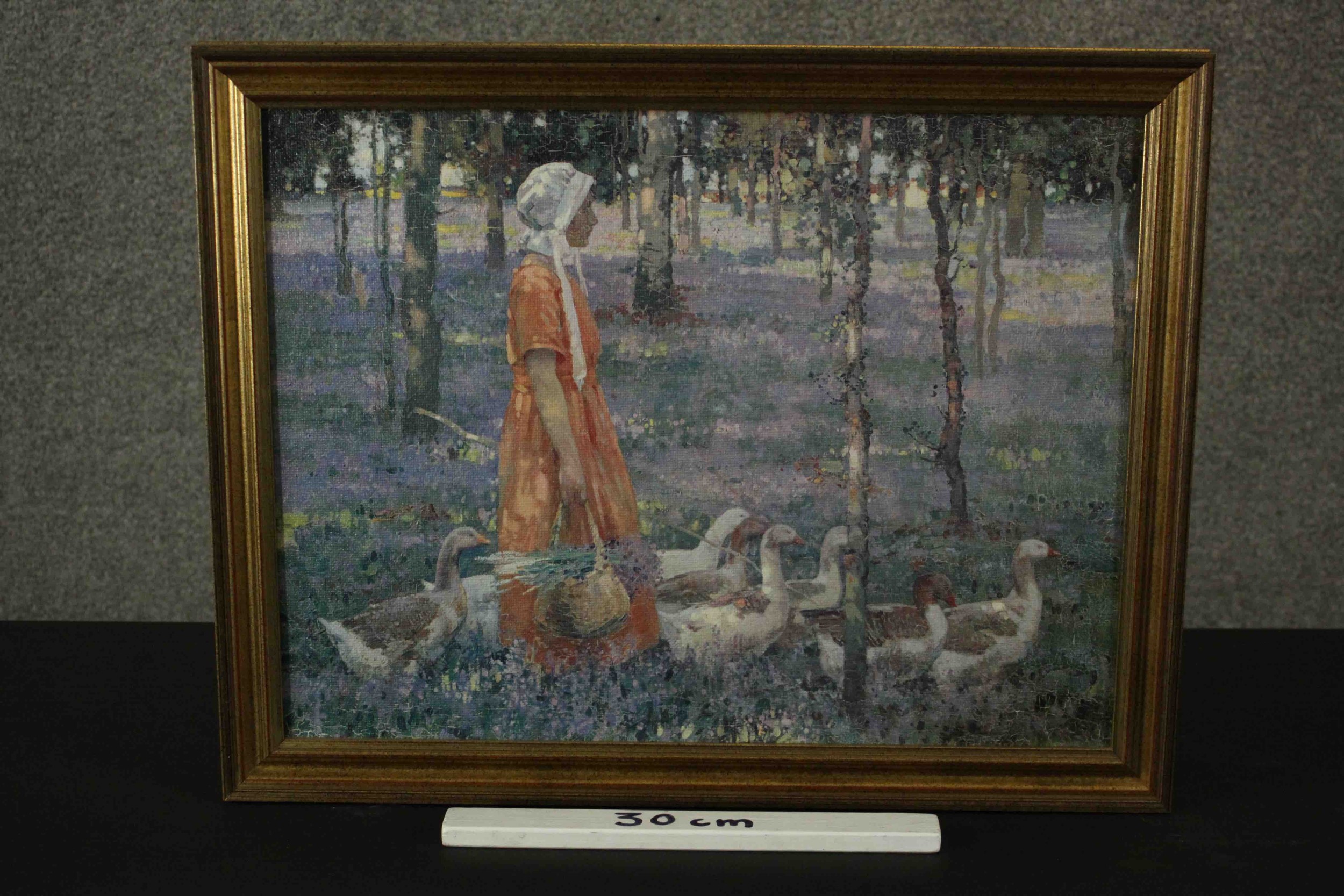 19th century school, Girl Walking with Geese, oleograph print on canvas. H.48 W.60cm. - Image 3 of 6