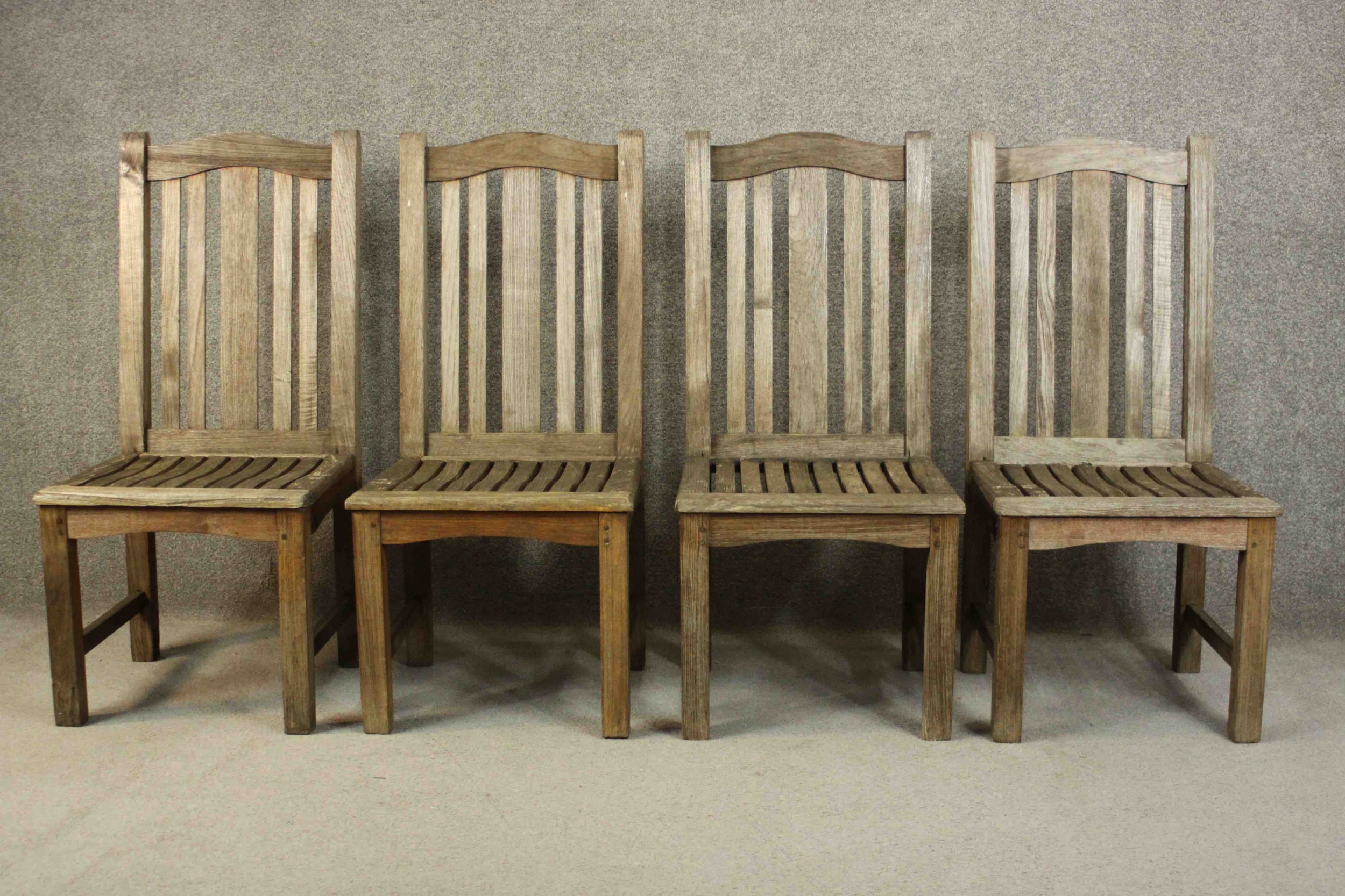 A set of four contemporary Barlow and Tyrie oak garden dining chairs, with slatted seats. - Image 3 of 9