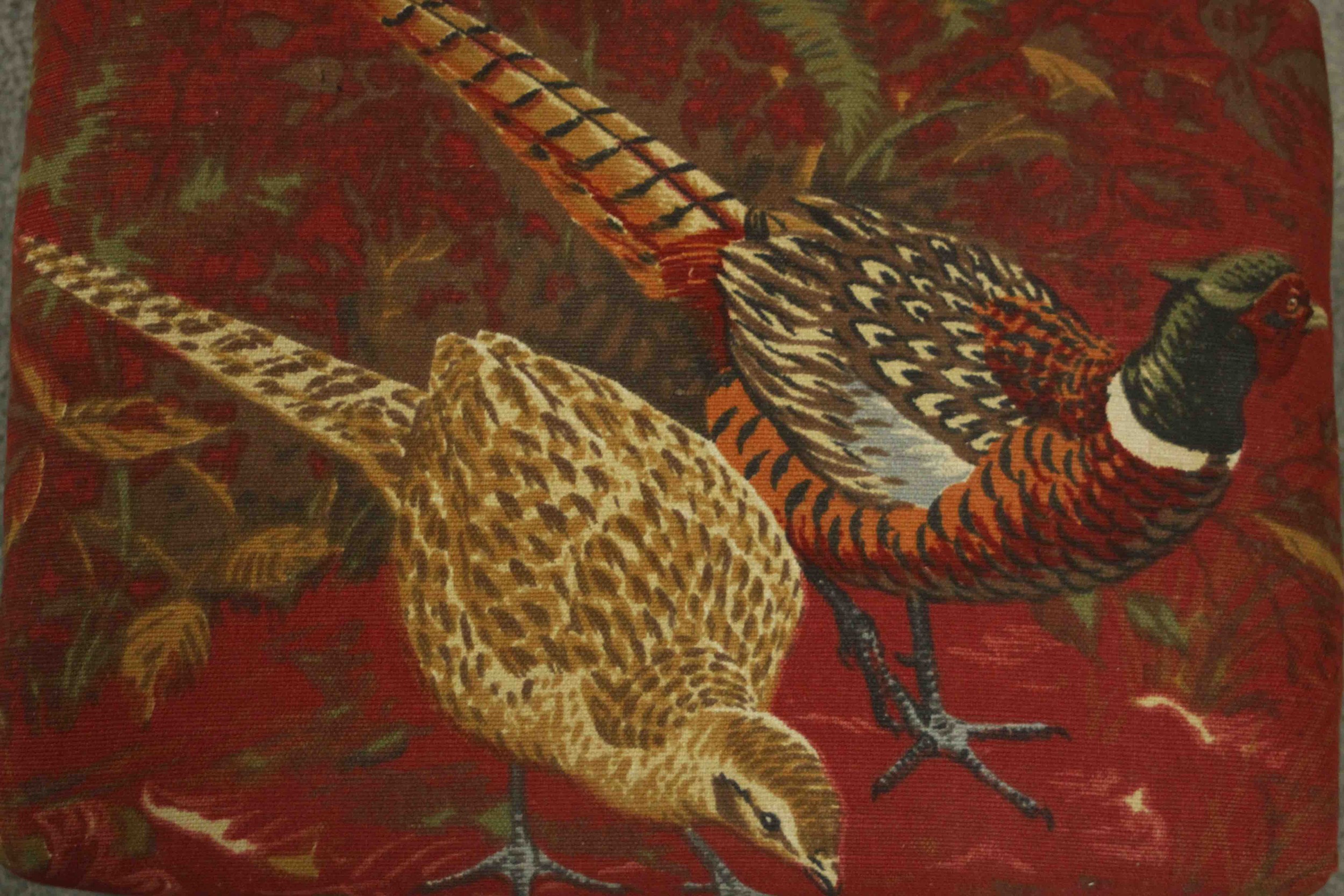 A 20th century foot stool with a padded tapestry top with pheasant design. H.15 W.37 D.28cm. - Image 4 of 4