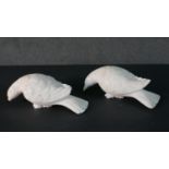 A pair of carved white marble doves. (beak broken)H.8 W.18cm