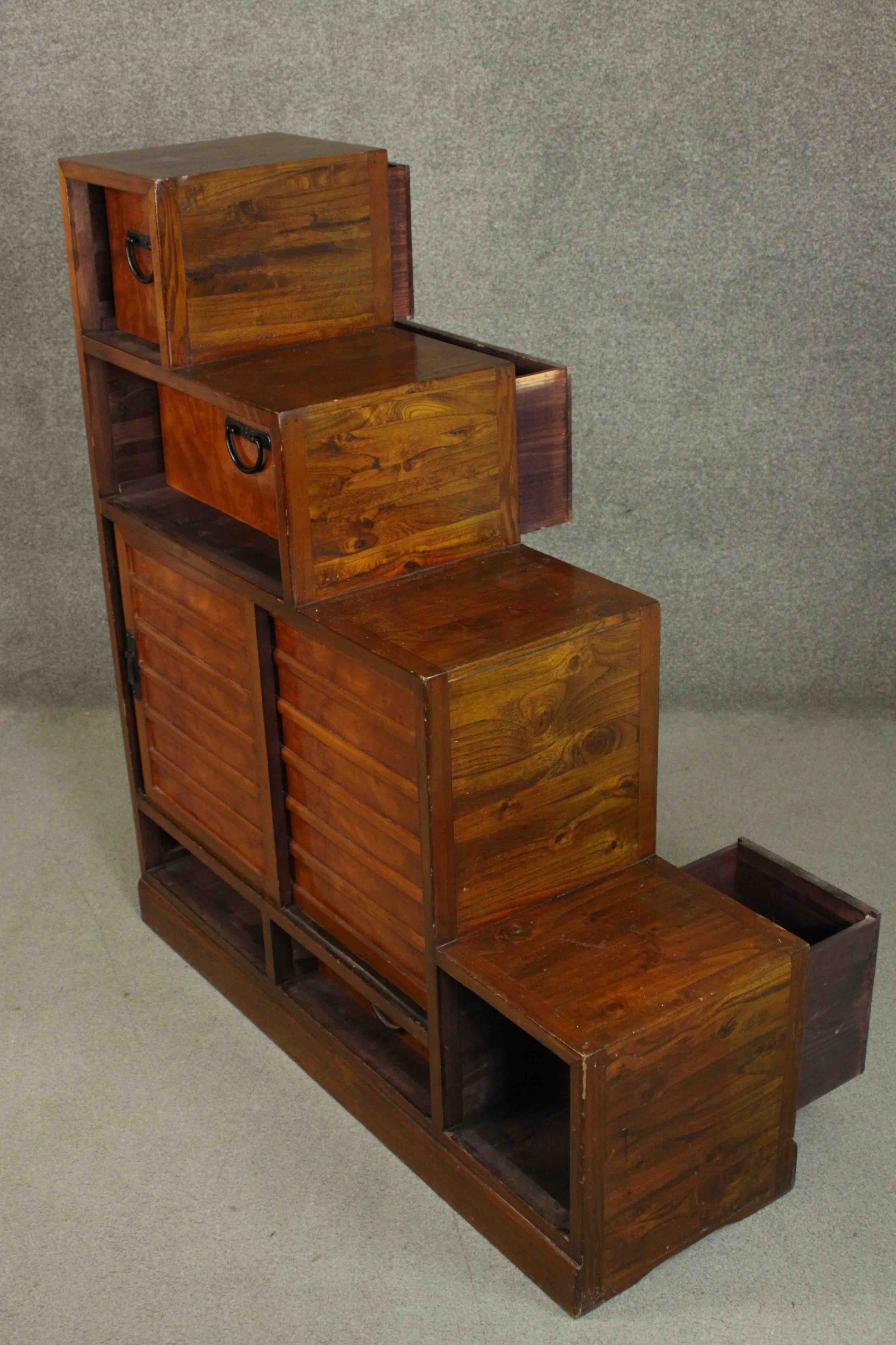 A stepped Japanese Tanshu hardwood chest, with an arrangement of five drawers. - Image 6 of 11