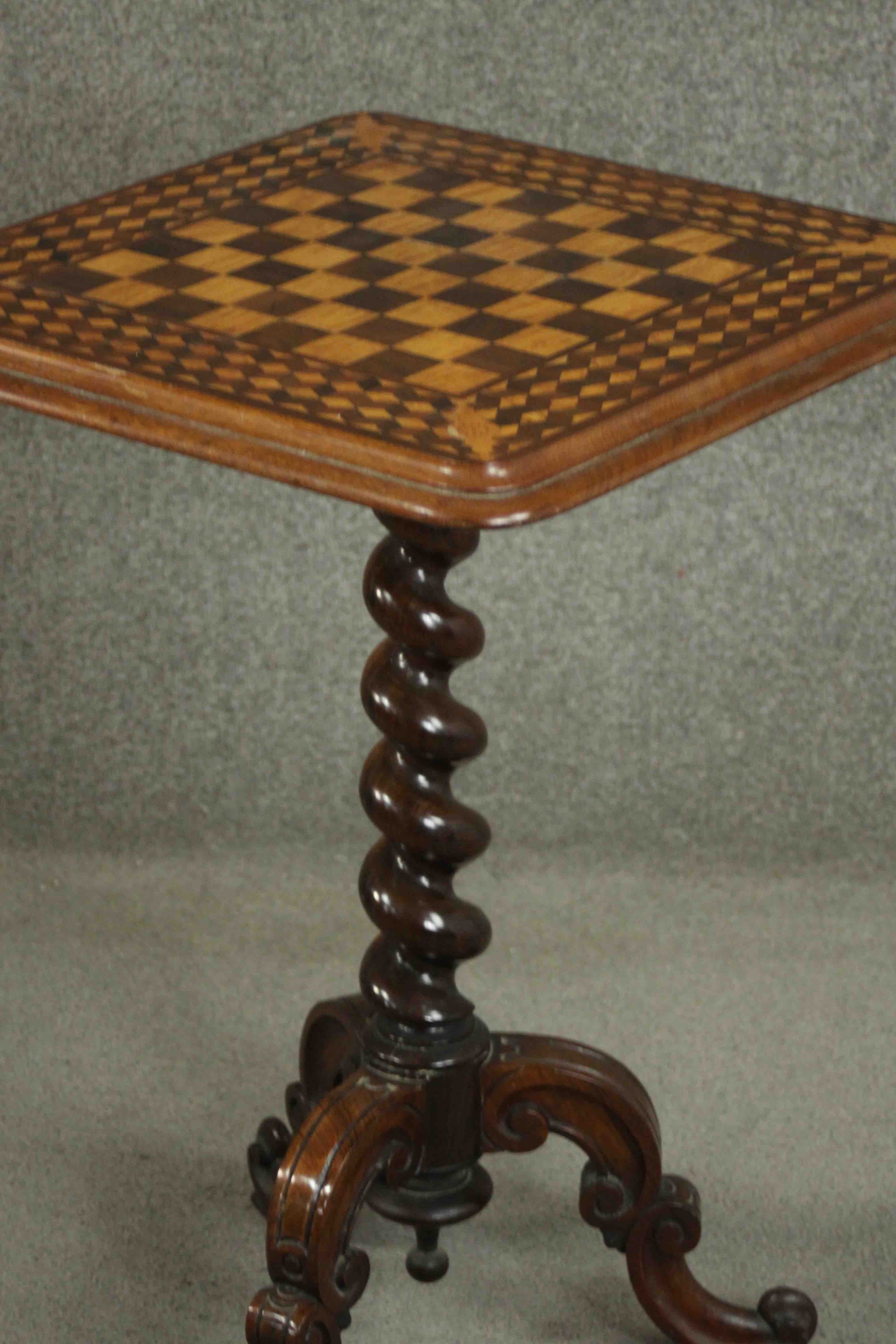 A mid Victorian rosewood and satinwood chessboard inlaid occasional table on spiral twist support - Image 3 of 5