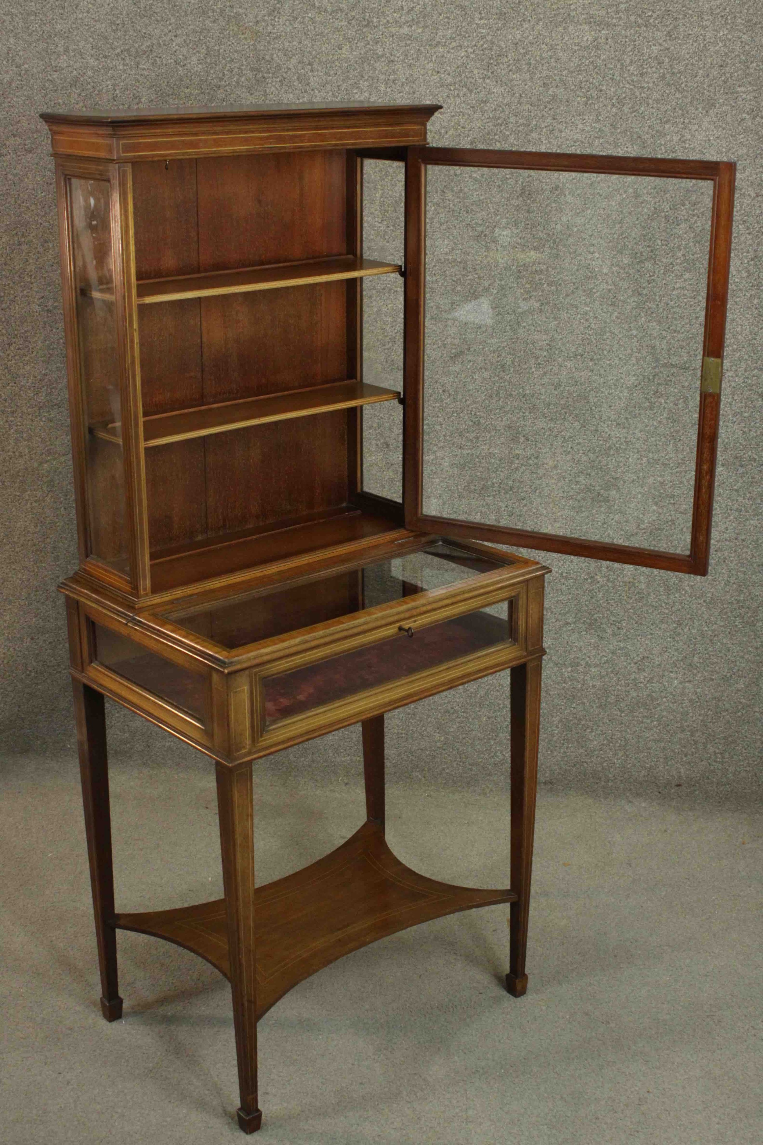 An Edwardian Sheraton revival display cabinet, crossbanded with satinwood and line inlaid, the upper - Image 6 of 9