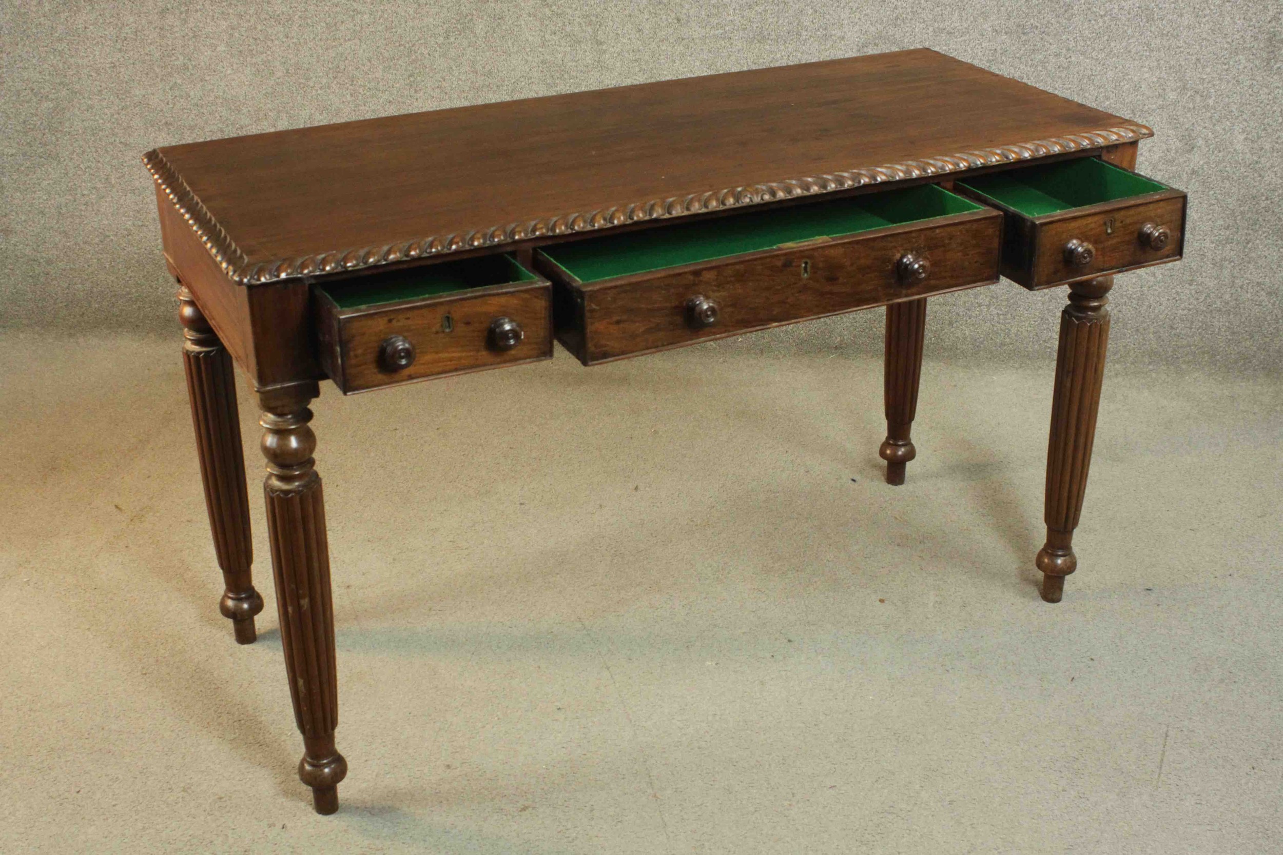A George III Anglo-Indian side table, the rectangular top with a gadrooned edge, over three short - Image 6 of 13