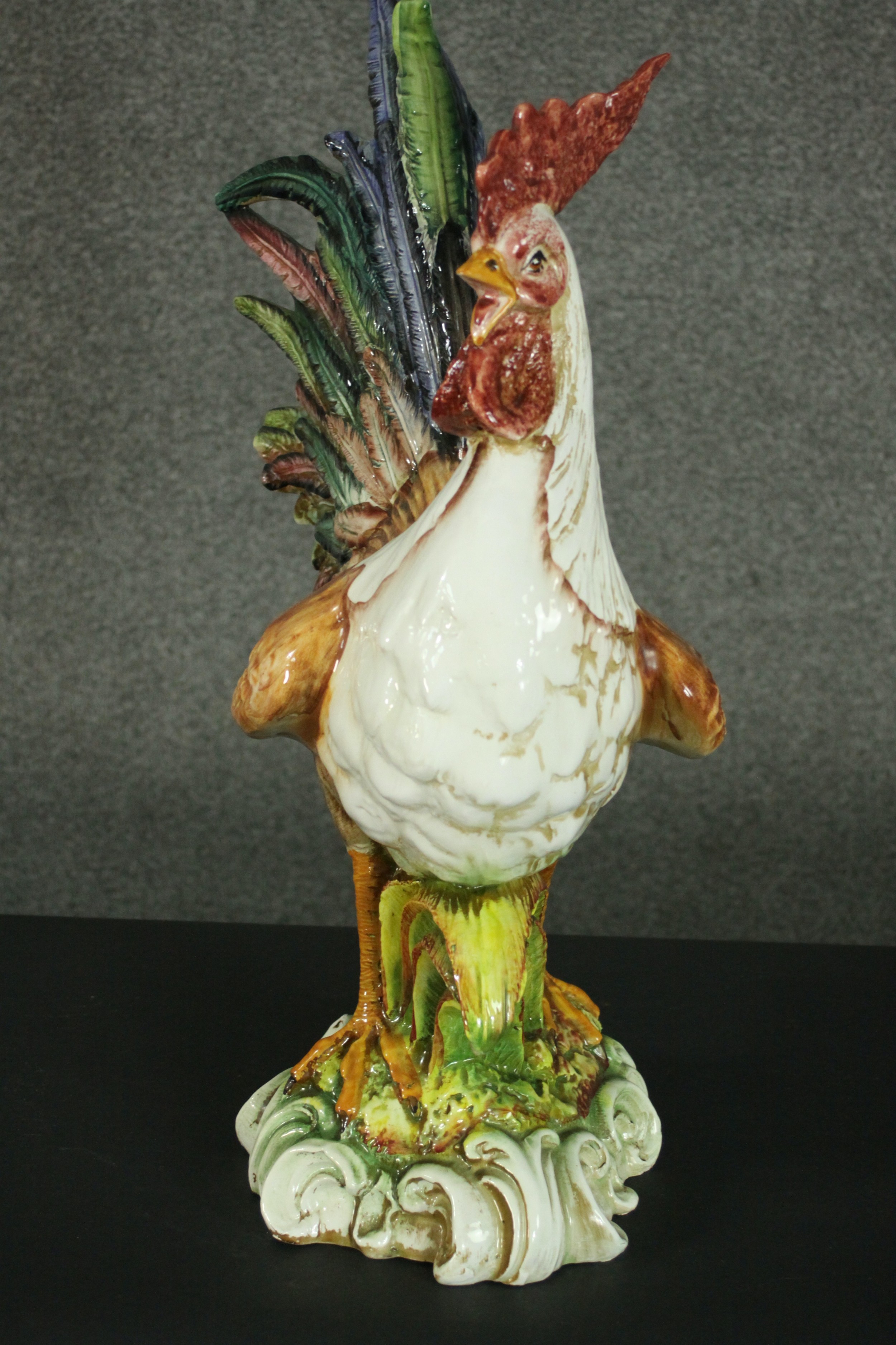 A large majolica pottery figure of a crowing cockerel, standing on a naturalistic base with a border - Image 3 of 7