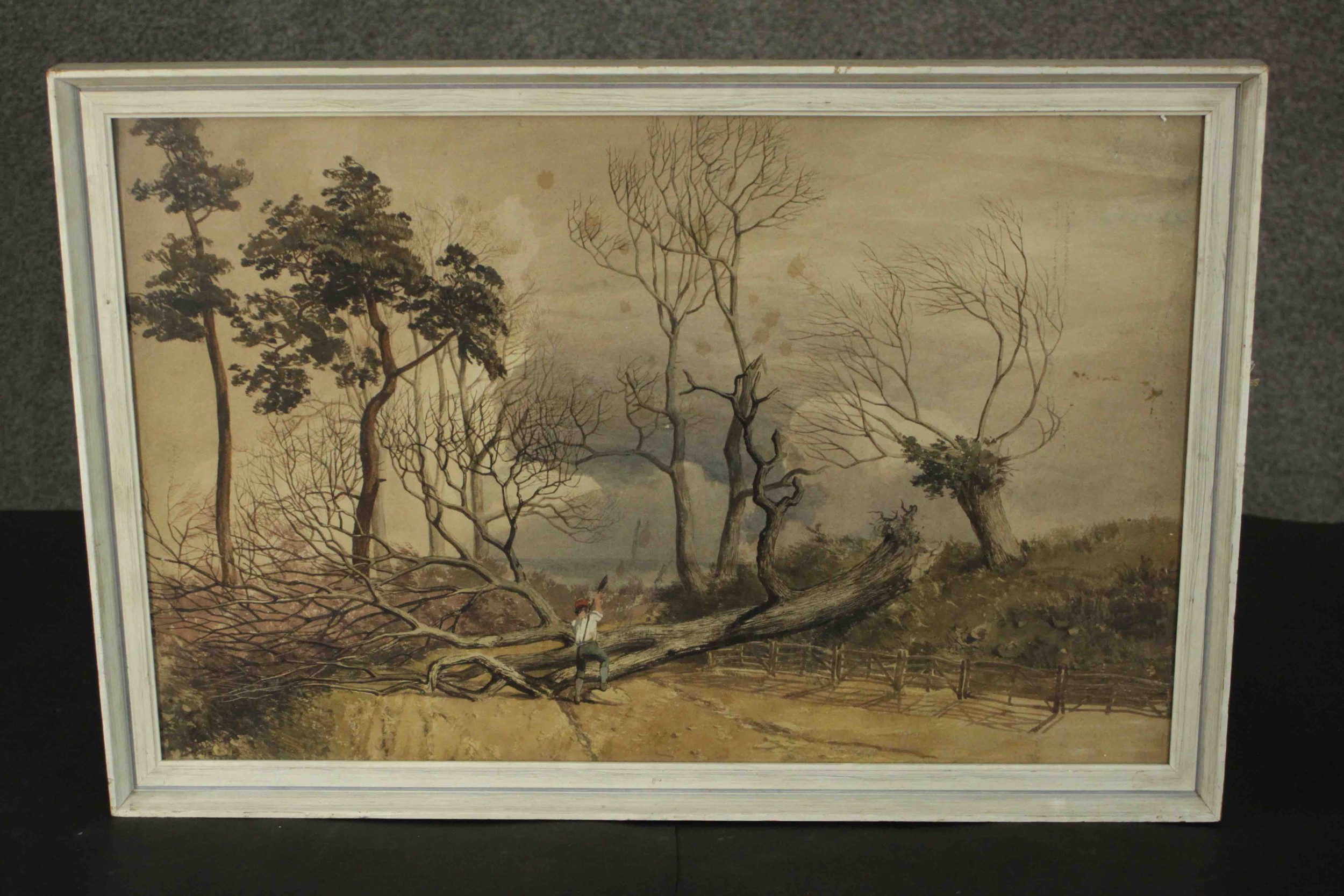 A framed and glazed watercolour, woodsman at work. Unsigned. H.46 W.69cm. - Image 2 of 7