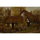 A gilt framed oil on canvas of cottages in Welford-on-Avon, Warwickshire, indistinctly signed. H.