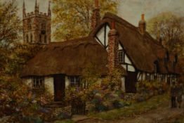 A gilt framed oil on canvas of cottages in Welford-on-Avon, Warwickshire, indistinctly signed. H.