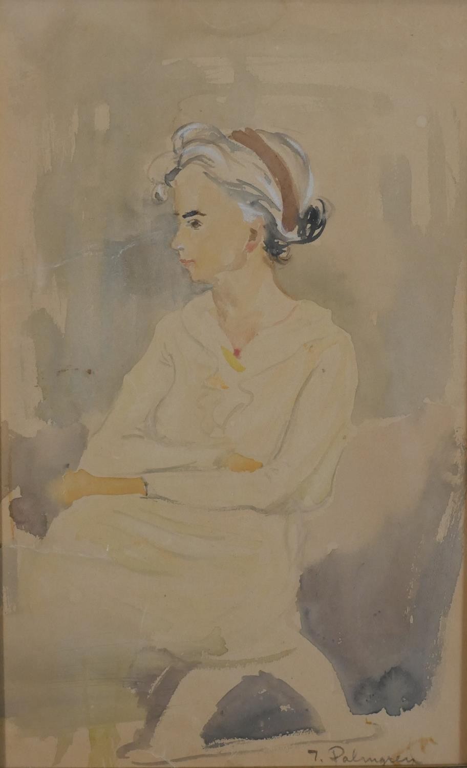 Inga Plamgren, watercolour of a woman, signed. H.24 W.22cm.