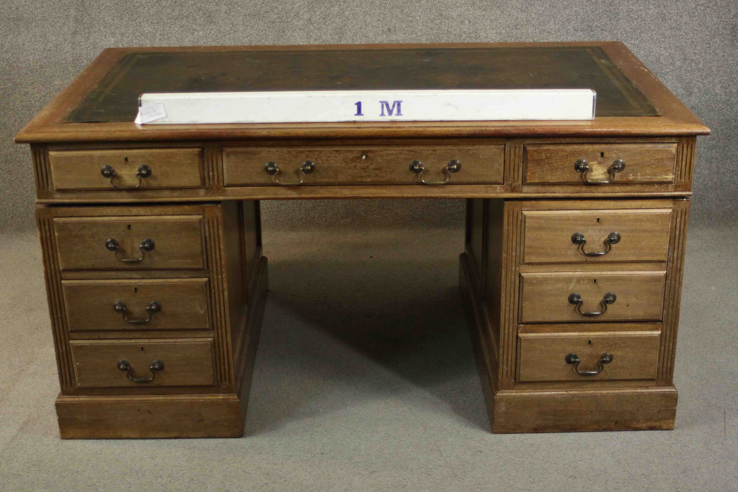 An early 20th century pedestal desk, with a leather writing insert over an arrangement of nine - Image 2 of 11
