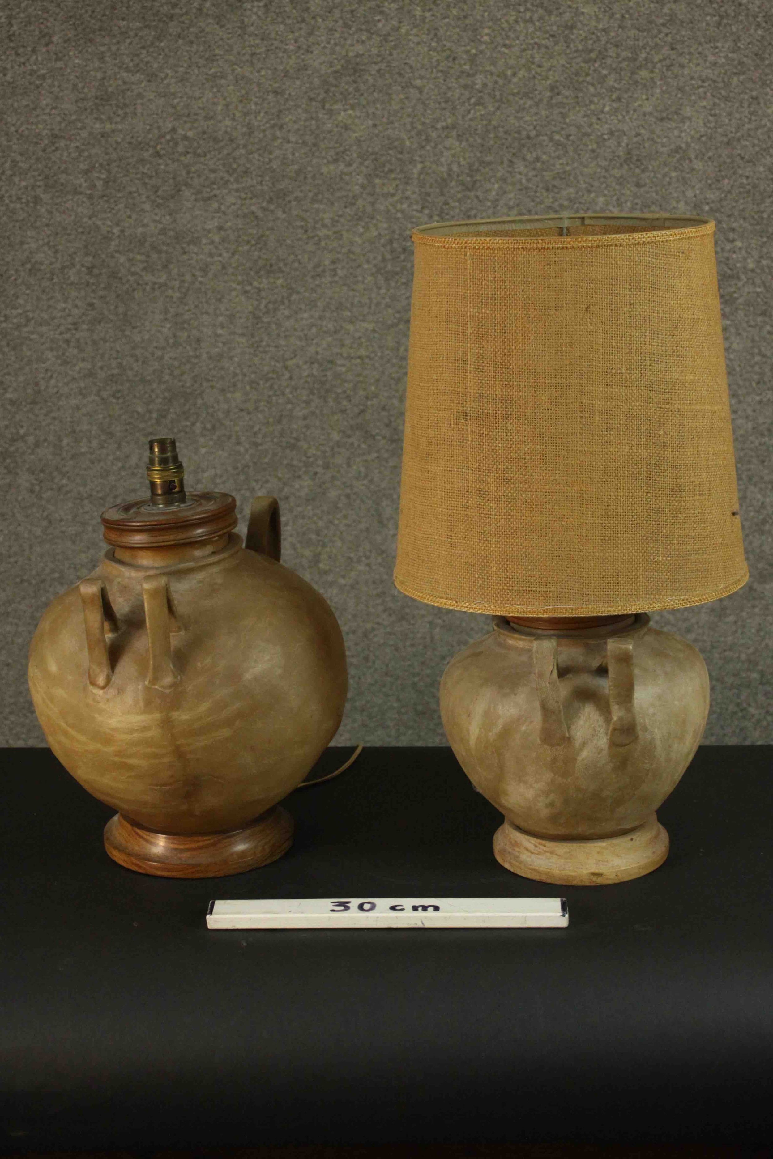 A pair of camel intestine twin handled table lamps with turned tops and bases. H.57 Dia.13cm. - Image 2 of 5