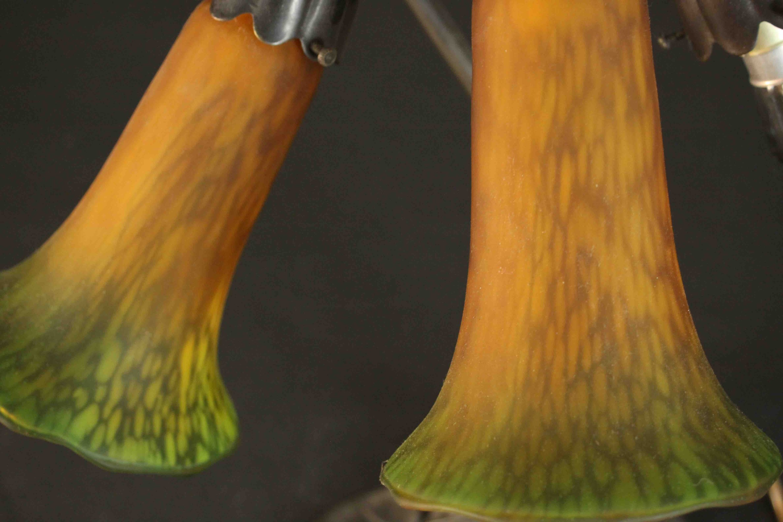 A reproduction Art Nouveau style table lamp, with two amber and green trumpet form glass shades, - Image 6 of 6