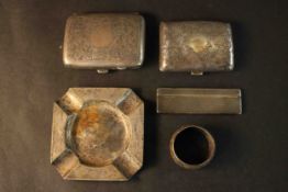 A collection of silver items, including a silver Art Deco engine decorated ashtray with four