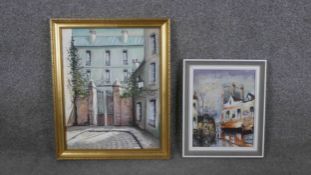 Two framed oils on canvas of street scenes, both indistinctly signed. H.46 W.56cm.