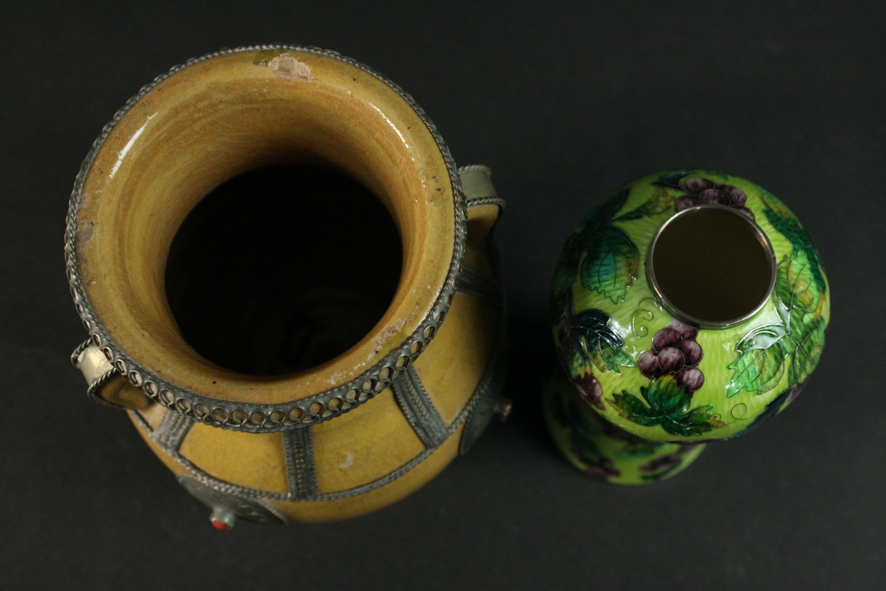 A Korean 99% silver and cloisonné enamel vine design vase along with a Moroccan ceramic vase. - Image 7 of 7