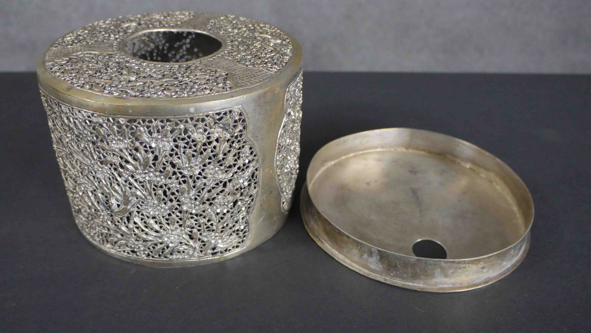An Oriental pierced silver plate bird and blossom design cover and base along with an Indian brass - Image 3 of 5