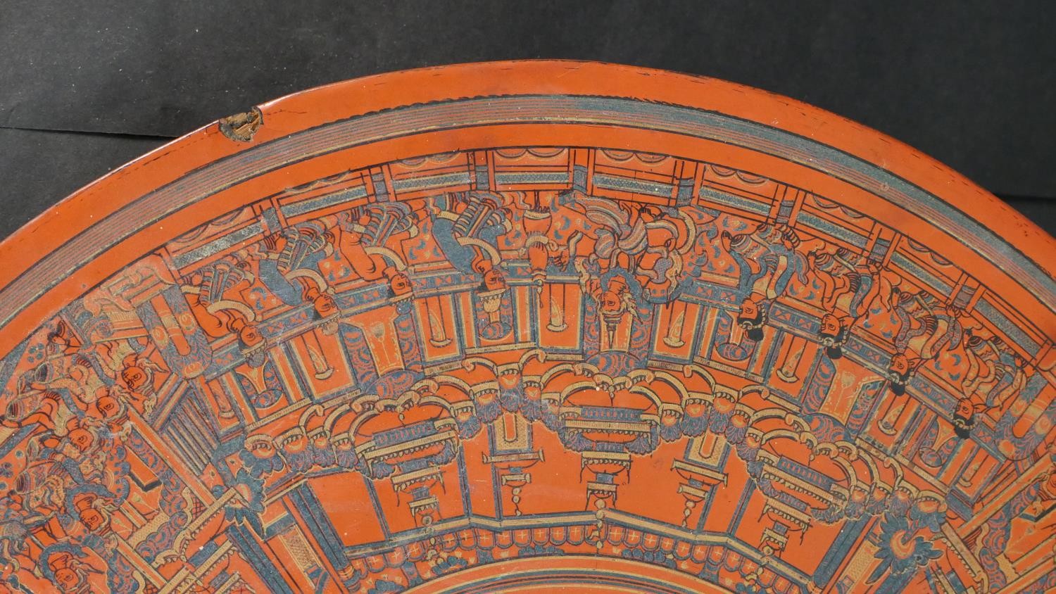 A 19th century engraved lacquer mandala, decorated with figures of Buddha and a peacock to the - Image 4 of 8