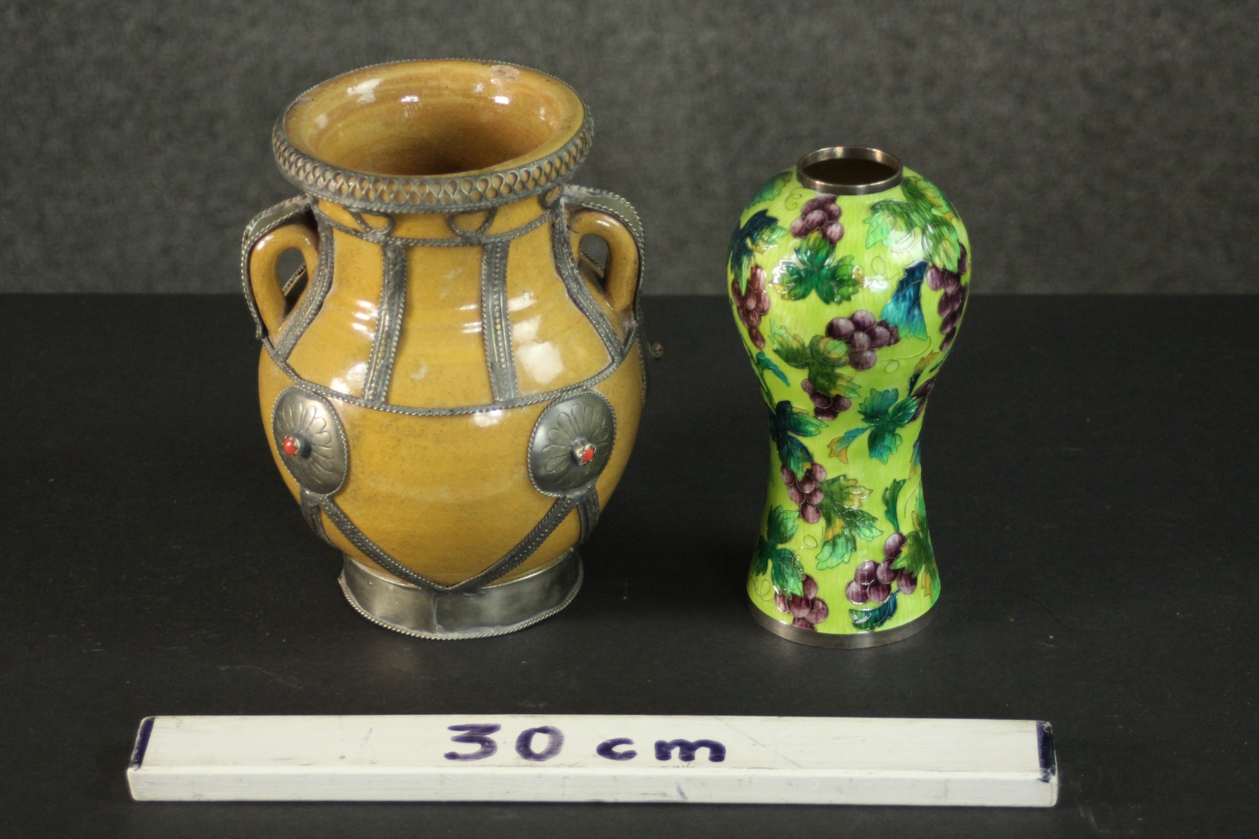 A Korean 99% silver and cloisonné enamel vine design vase along with a Moroccan ceramic vase. - Image 2 of 7