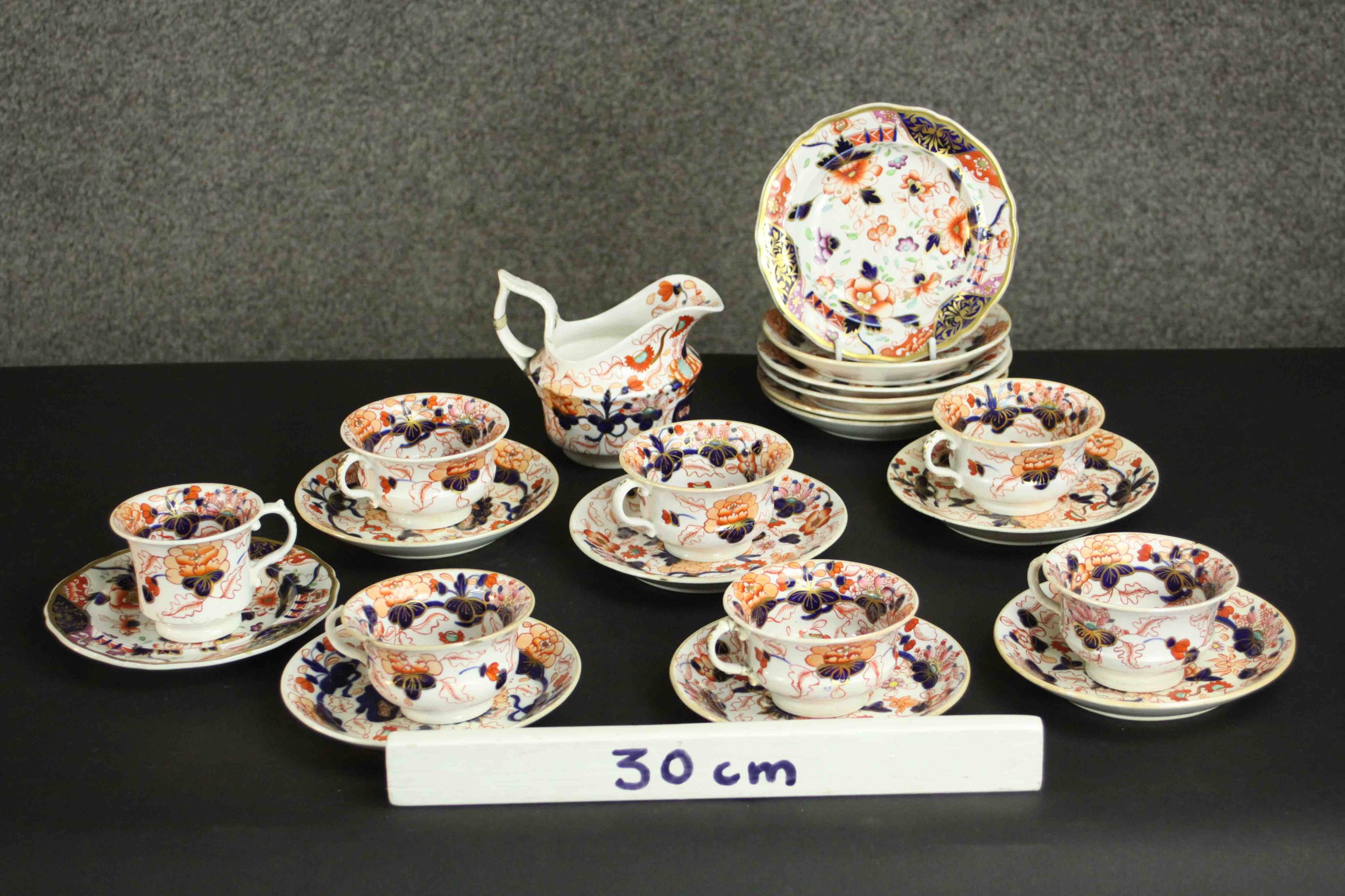 A 19th century hand painted and gilded Imari style six person part tea set. (incomplete) H.10 W.14 - Image 2 of 9
