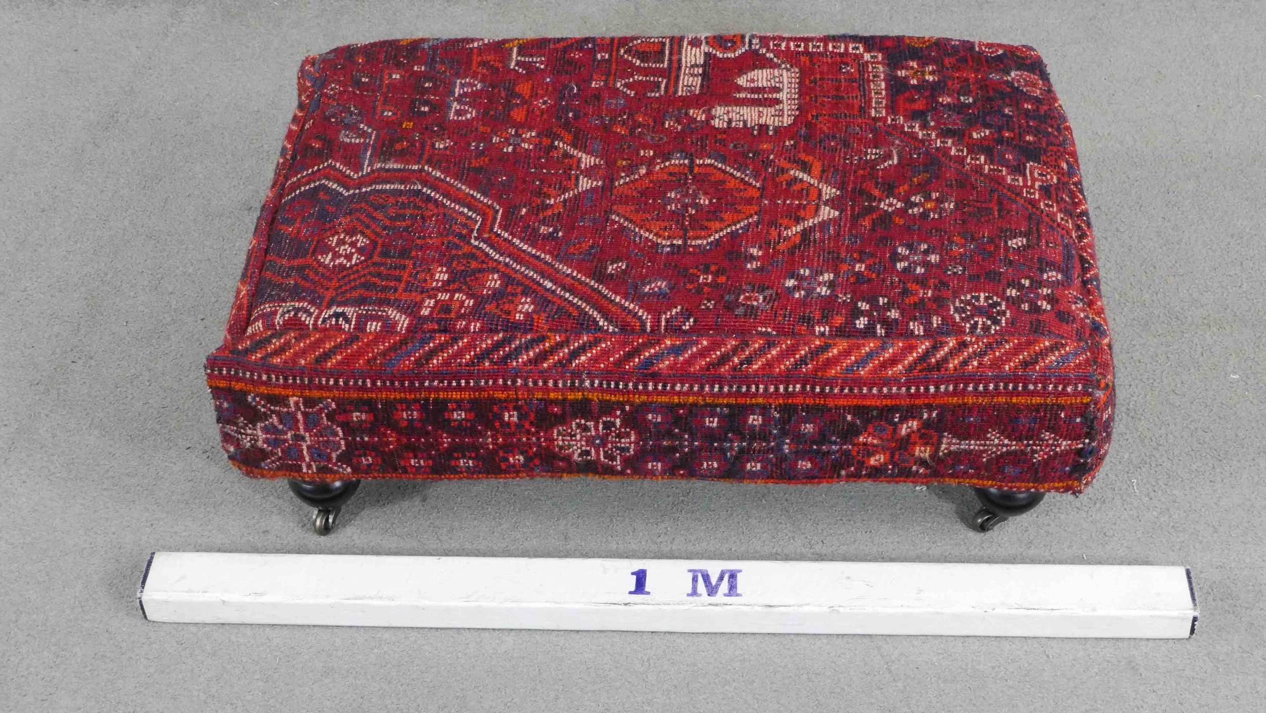 A contemporary rectangular footstool, upholstered in an antique kilim, on turned bulbous legs with - Image 2 of 10