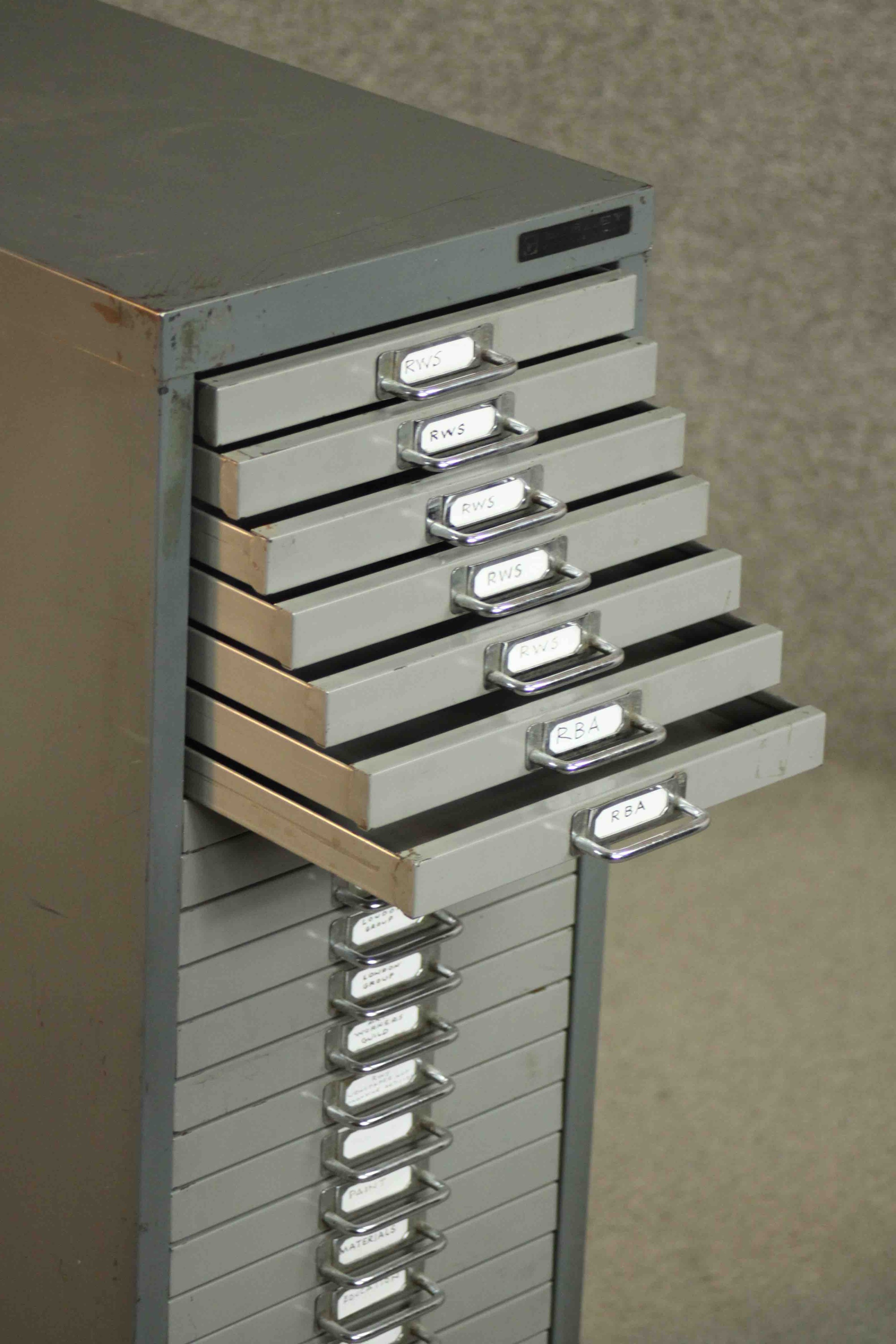 A mid to late 20th century painted steel filing cabinet, in two shades of grey with thirty - Image 5 of 6