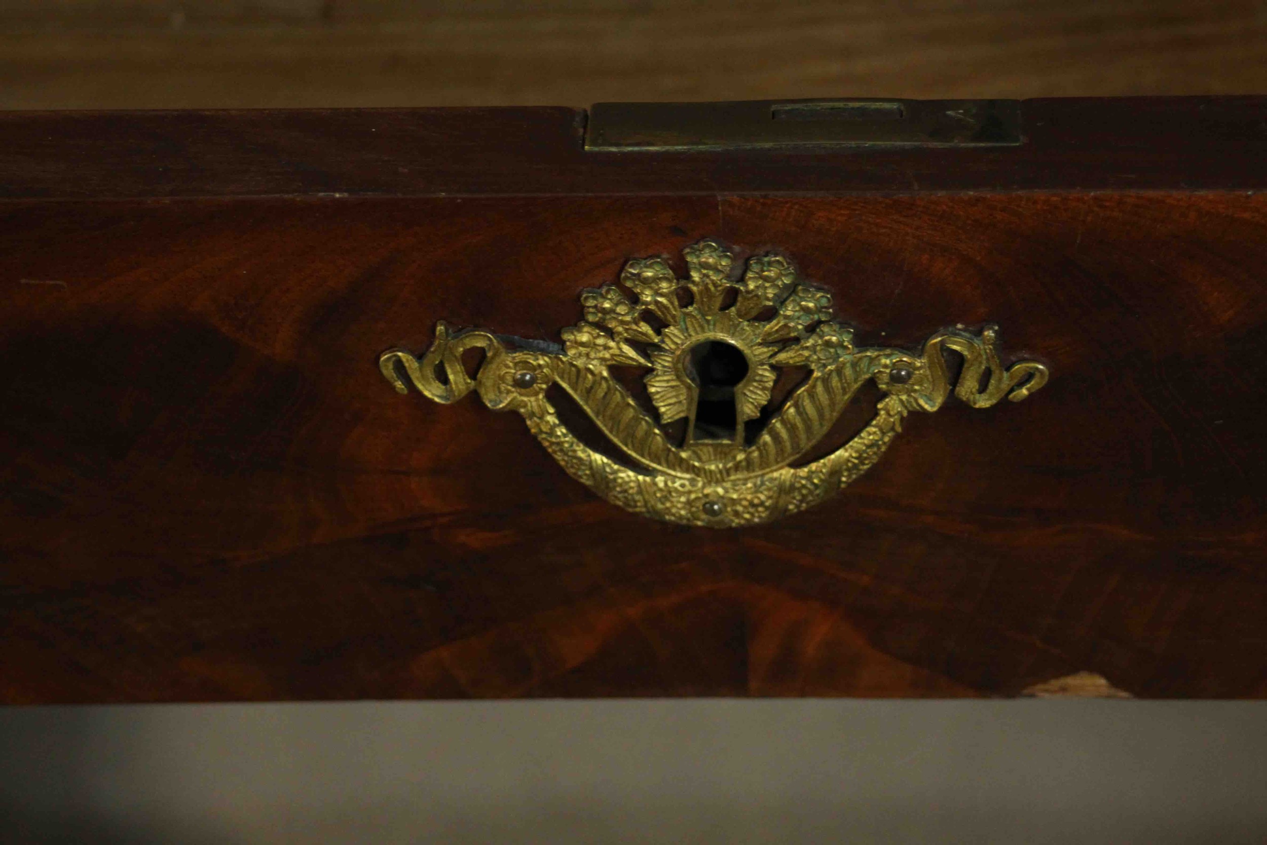 A French Empire flame mahogany writing table, the superstructure with three short drawers, over a - Image 8 of 9