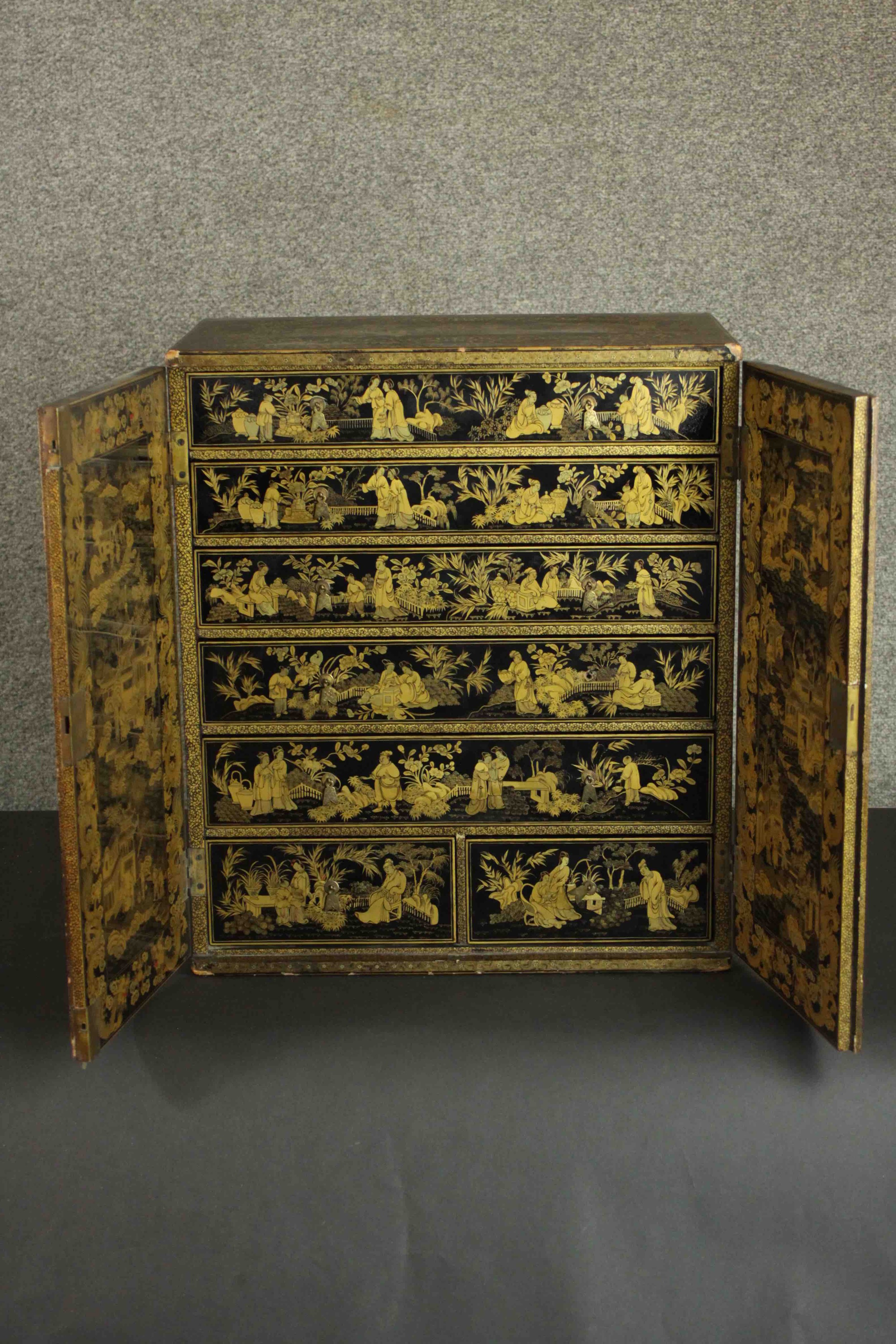 A 19th century Chinese gilt and lacquered table top cabinet with all over hand painted decoration - Image 3 of 7