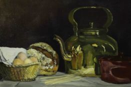 Gerald Edwin Robert Tucker (b.1932) Still Life of a Copper Kettle and Bbread etc, oil on canvas,