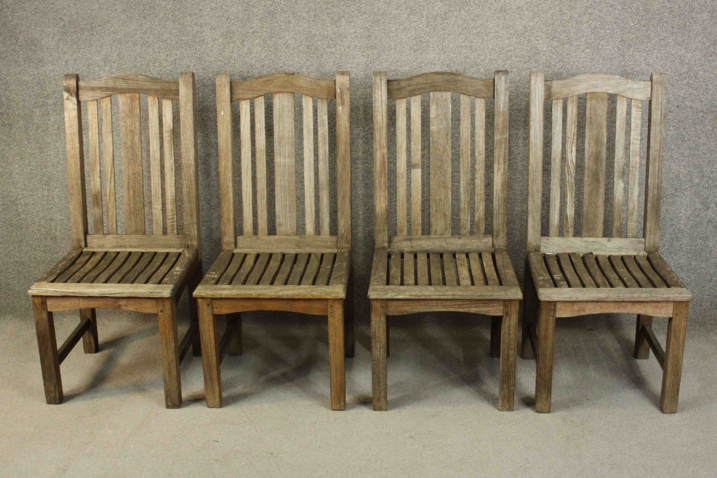 A set of four contemporary Barlow and Tyrie oak garden dining chairs, with slatted seats. - Image 2 of 9