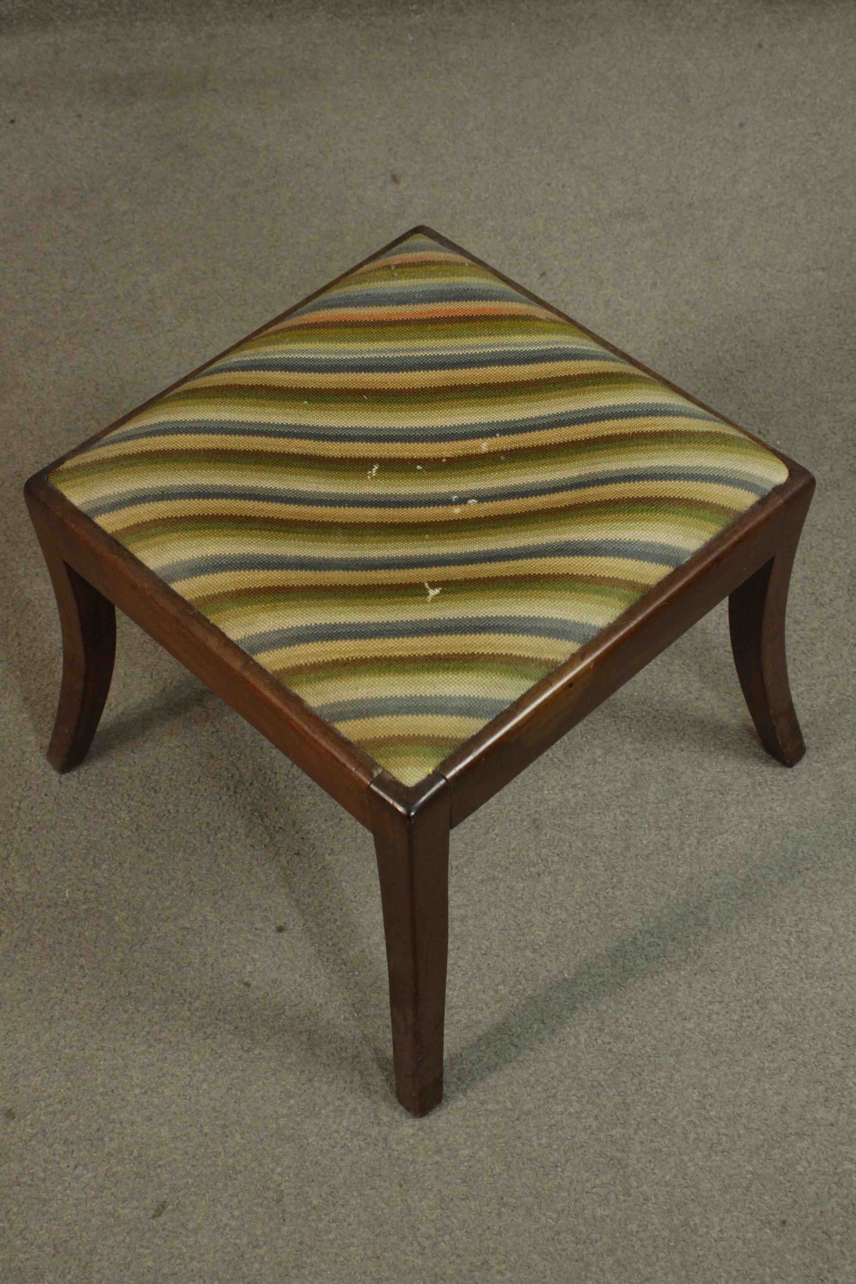 An early 19th century mahogany stool with drop in tapestry seat on sabre supports. H.38 W.42 D.42cm. - Image 3 of 6