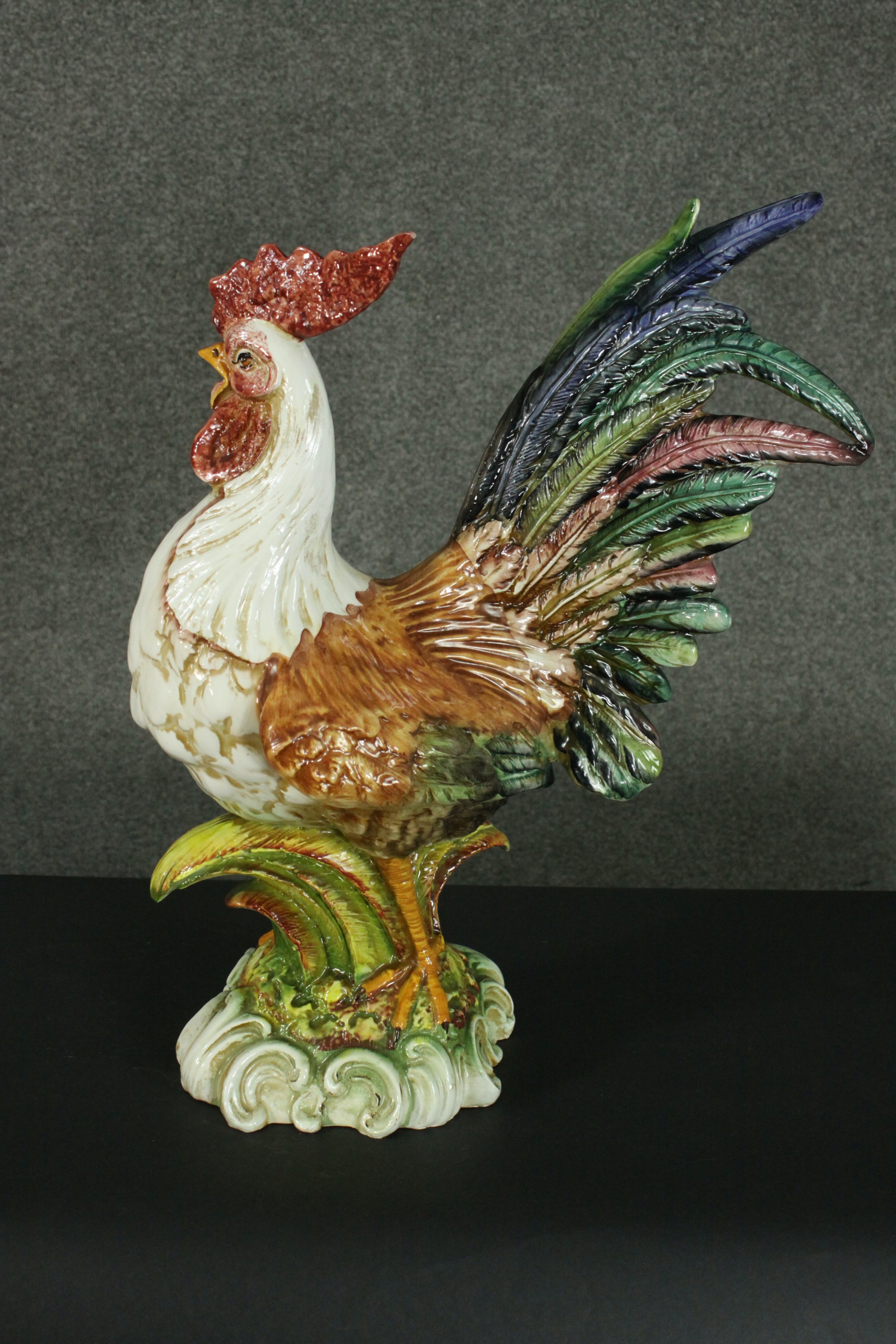 A large majolica pottery figure of a crowing cockerel, standing on a naturalistic base with a border - Image 4 of 7