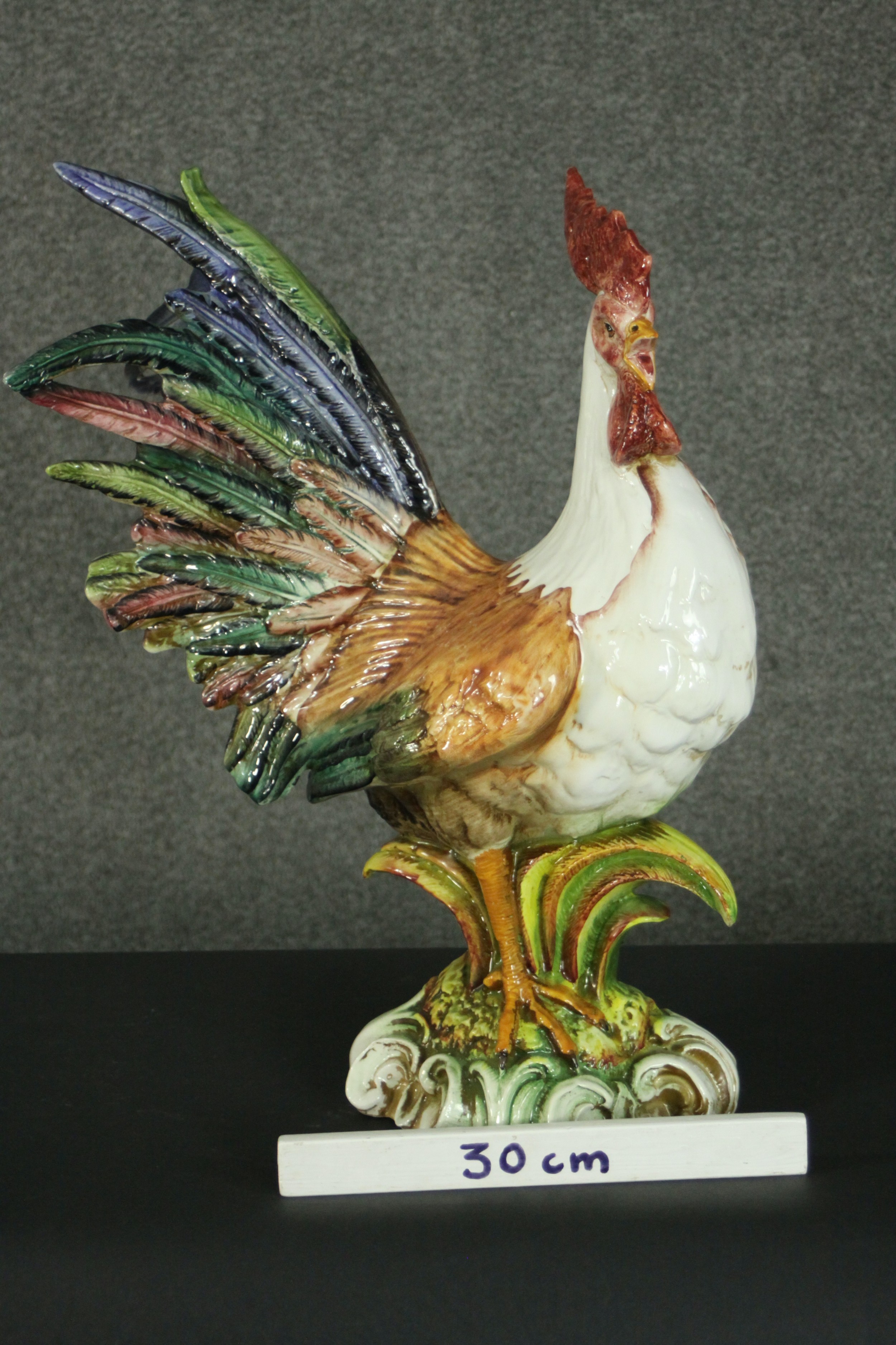 A large majolica pottery figure of a crowing cockerel, standing on a naturalistic base with a border - Image 2 of 7