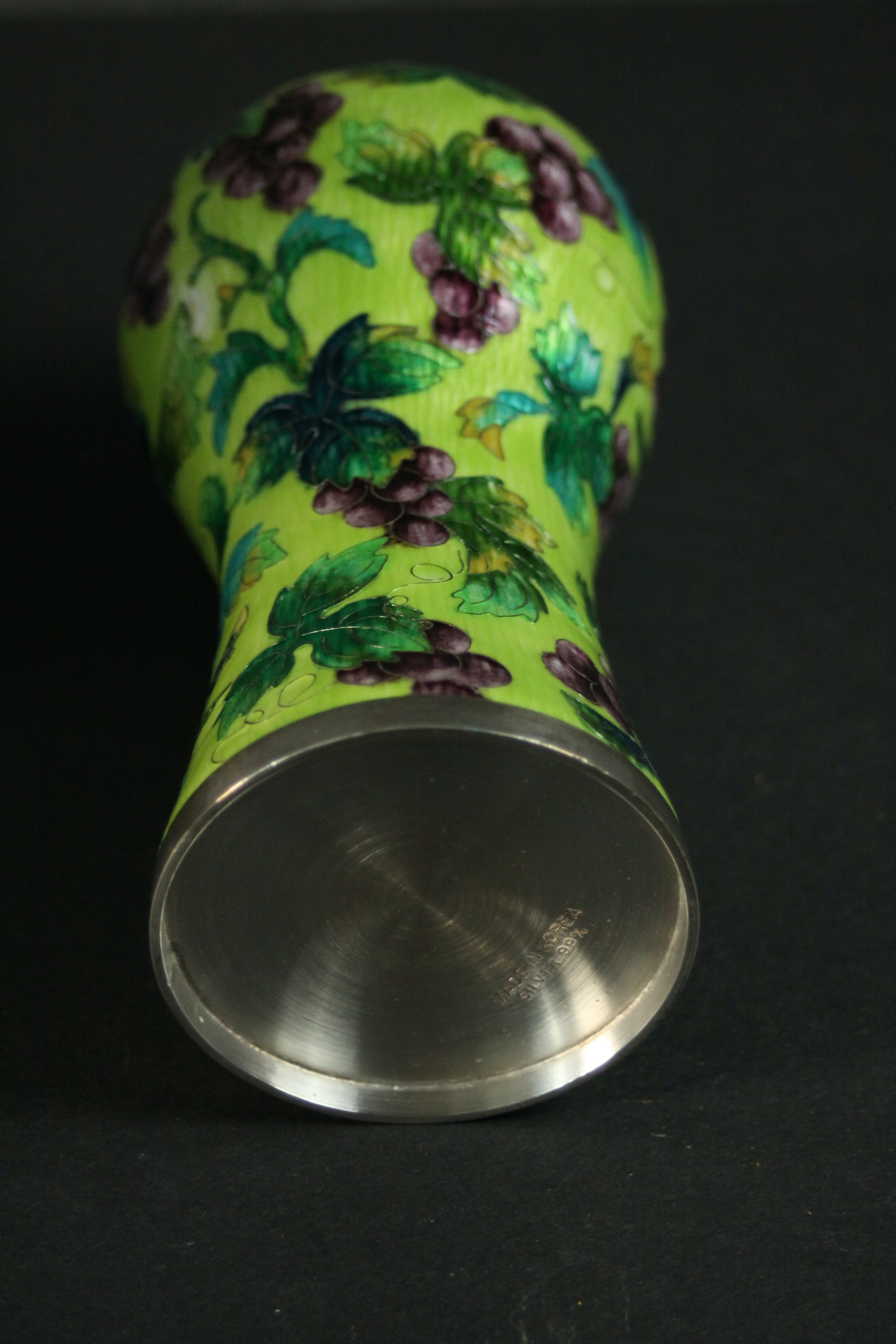 A Korean 99% silver and cloisonné enamel vine design vase along with a Moroccan ceramic vase. - Image 6 of 7
