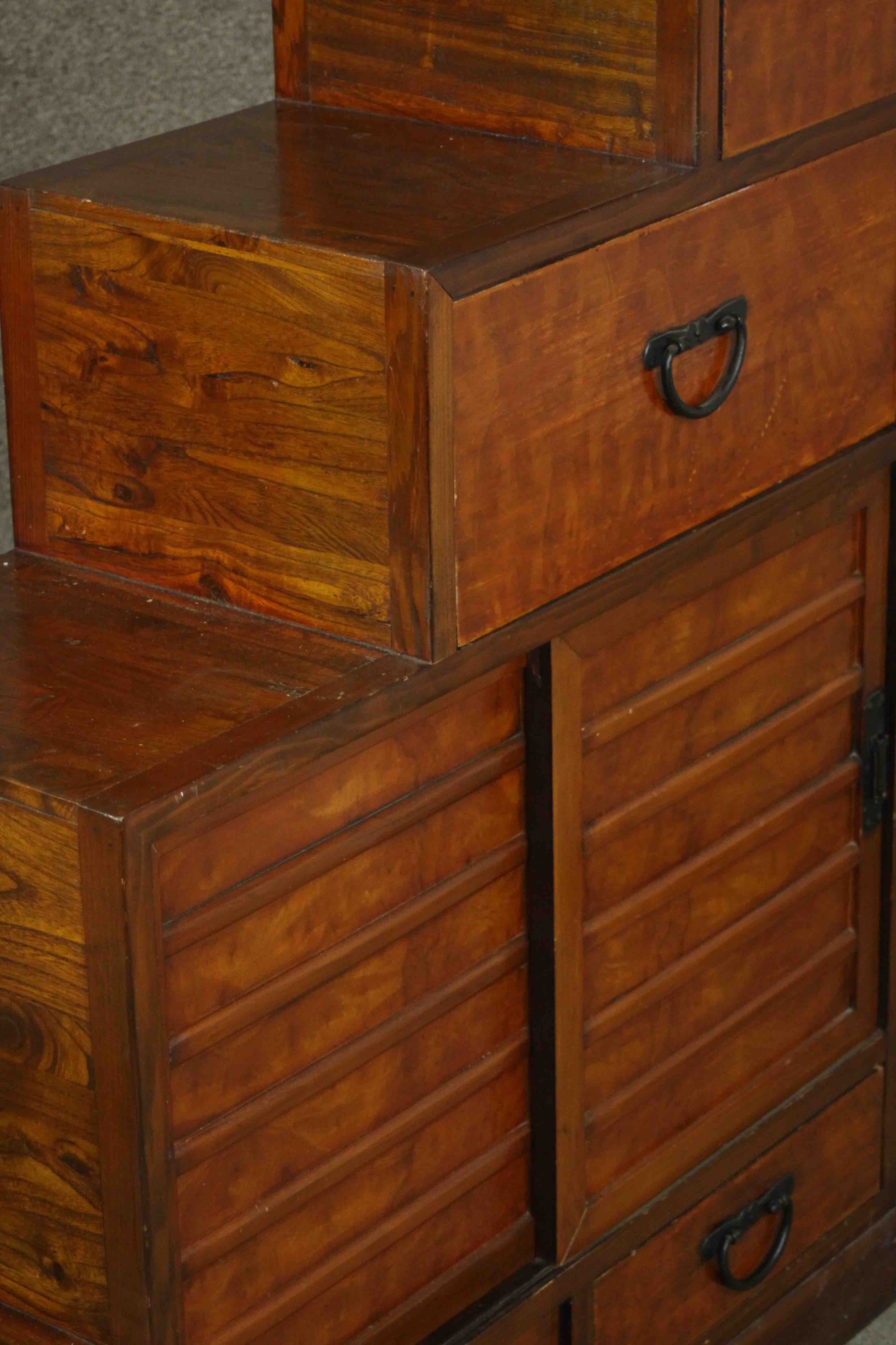 A stepped Japanese Tanshu hardwood chest, with an arrangement of five drawers. - Image 4 of 11