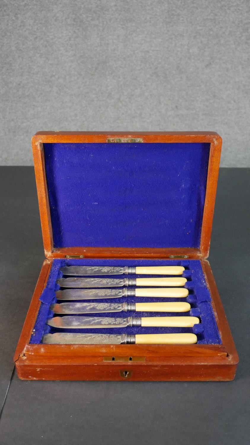 A canteen of fish knives for four people with engraved silver plated blades along with a box of - Image 5 of 9