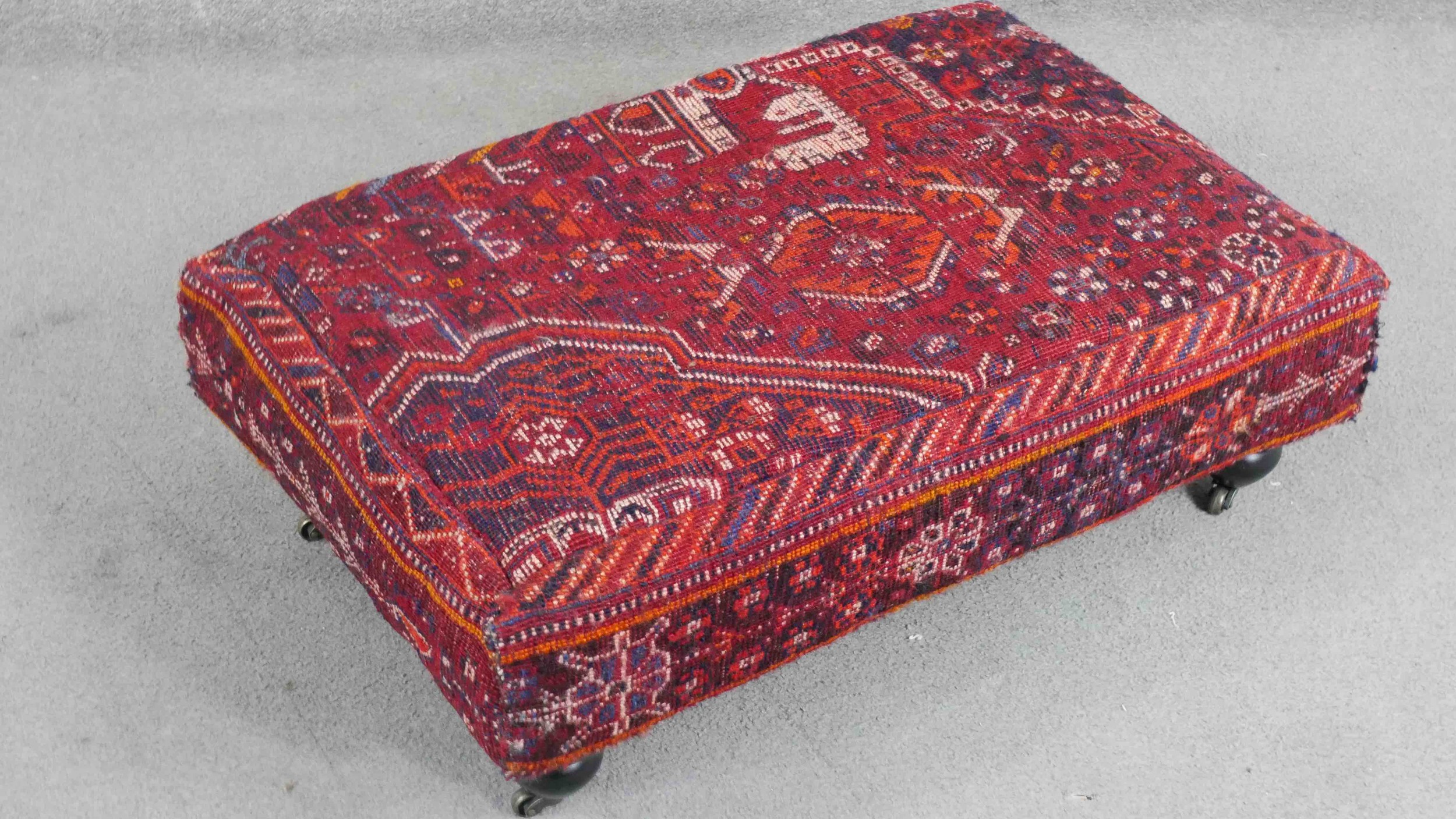 A contemporary rectangular footstool, upholstered in an antique kilim, on turned bulbous legs with - Image 3 of 10