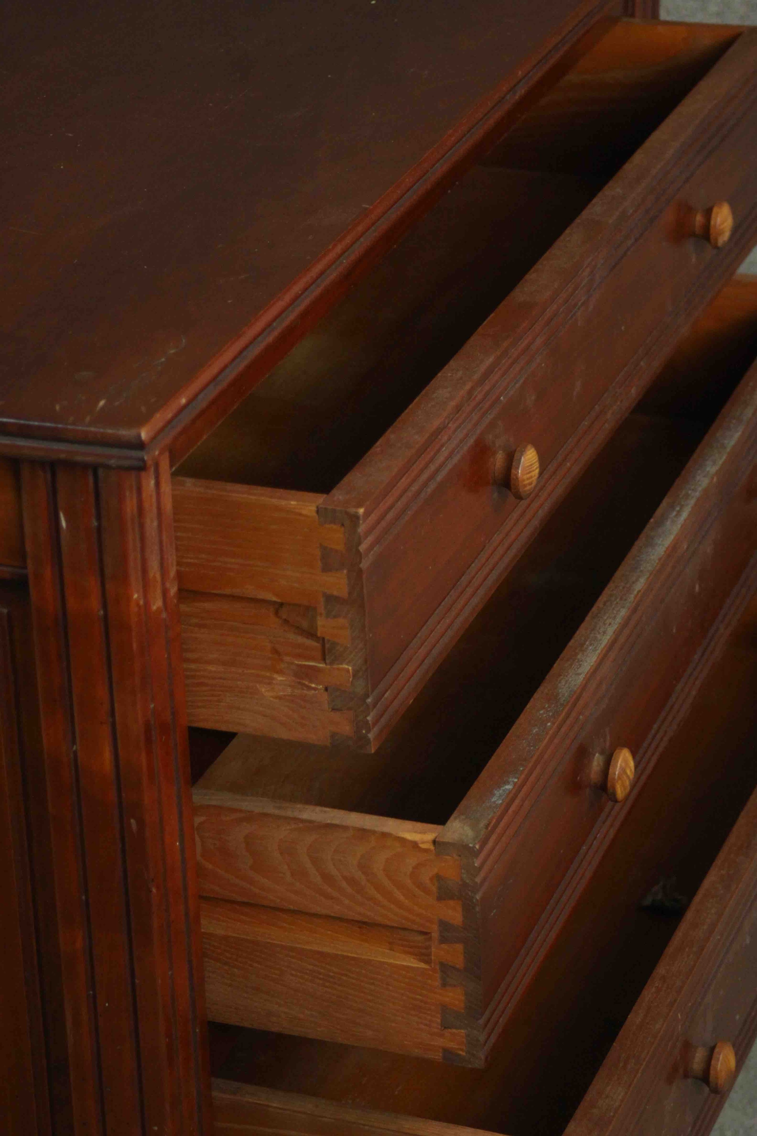 A late Victorian style hardwood chest of three long drawers with knob handles and fluted bands, on - Image 5 of 6