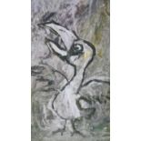 STOT21stCplanB (Harry Adams), oil and caustic paint on board, 'Flightless Bird Startled by Plane',