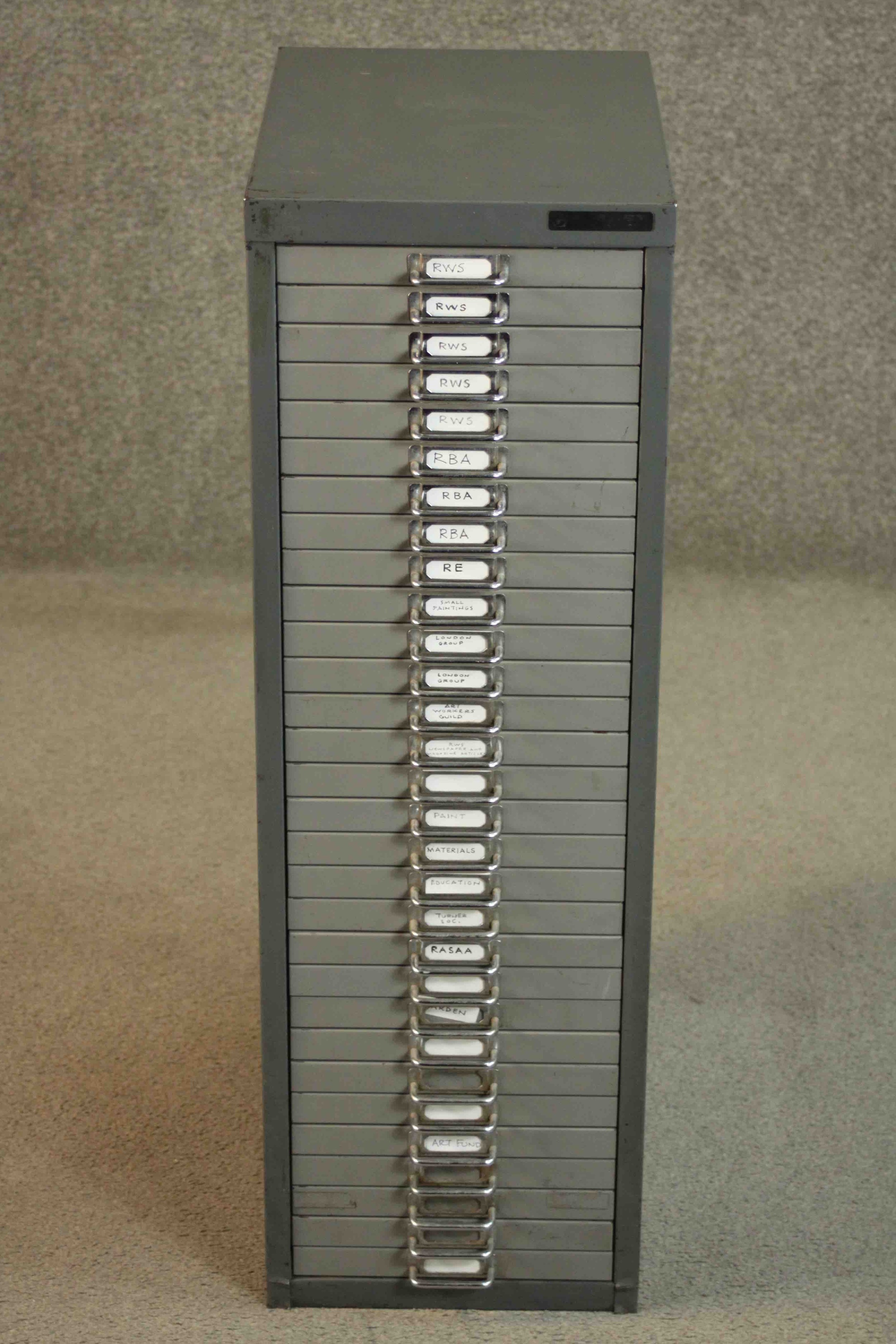 A mid to late 20th century painted steel filing cabinet, in two shades of grey with thirty - Image 2 of 6
