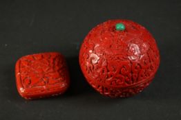 Two 20th century Chinese carved cinnabar lacquer boxes, one of spherical form with dragon and