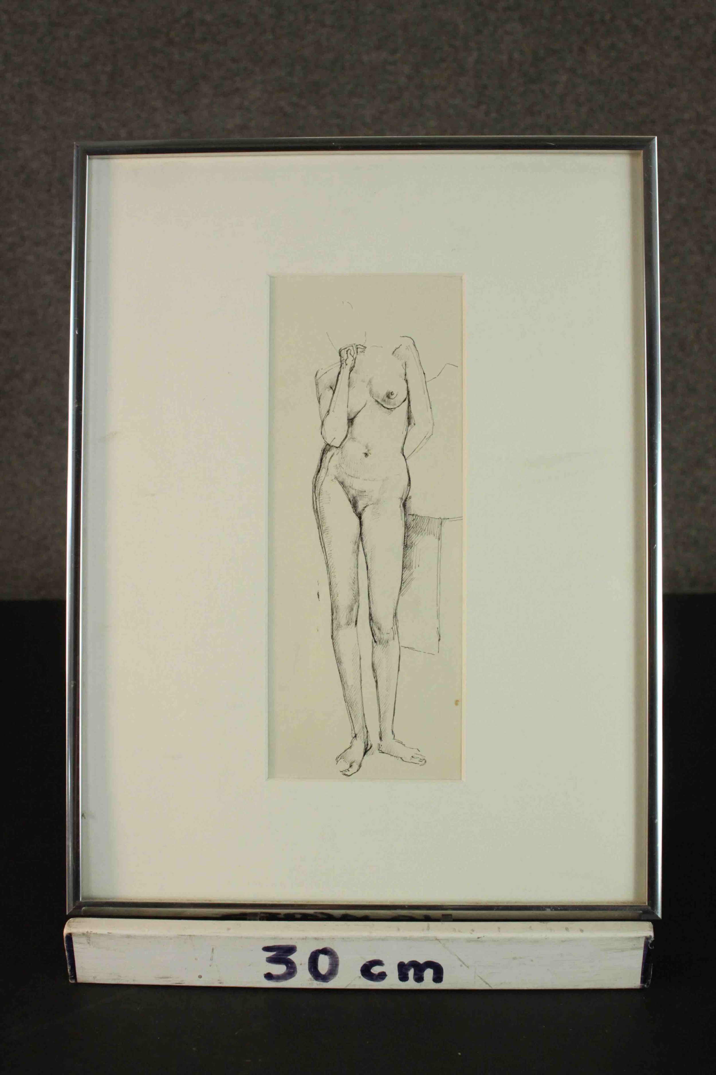 A framed and glazed pen and ink sketch of a female nude, unsigned. H.42 W.31cm. - Image 3 of 5