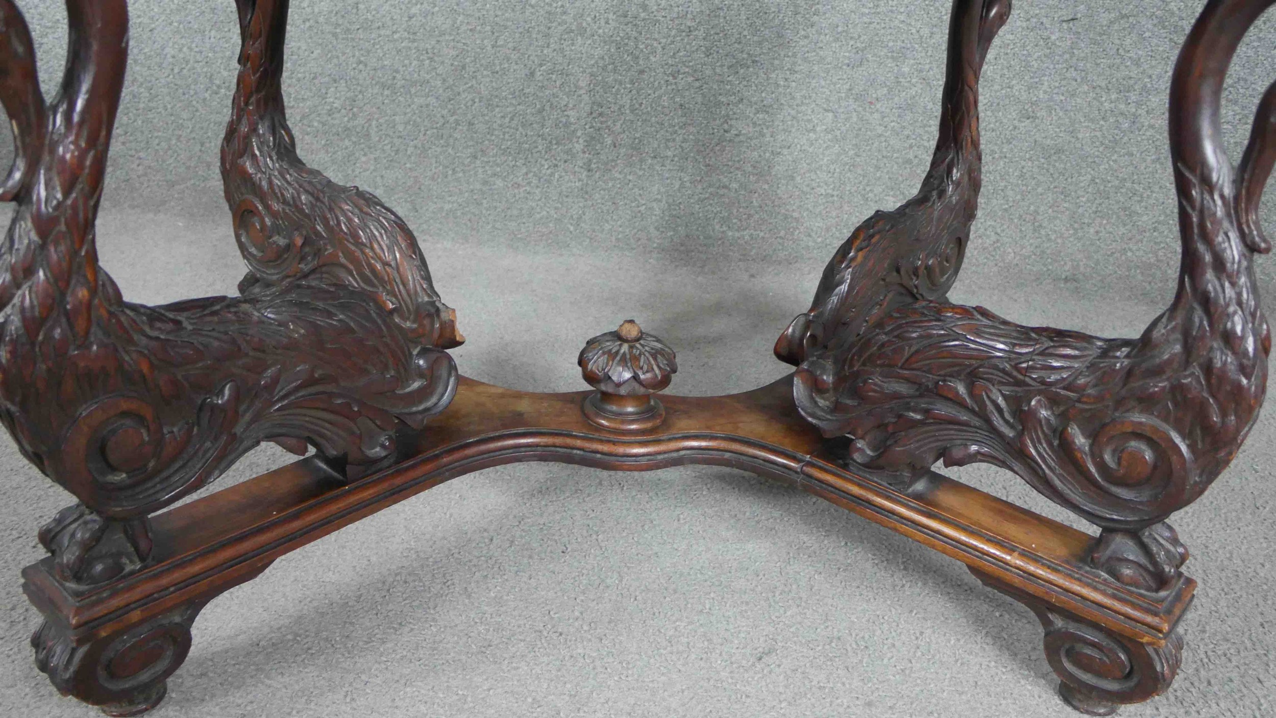 A 19th century Italian walnut centre table, of cartouche form with a marble top raised on carved - Image 5 of 6