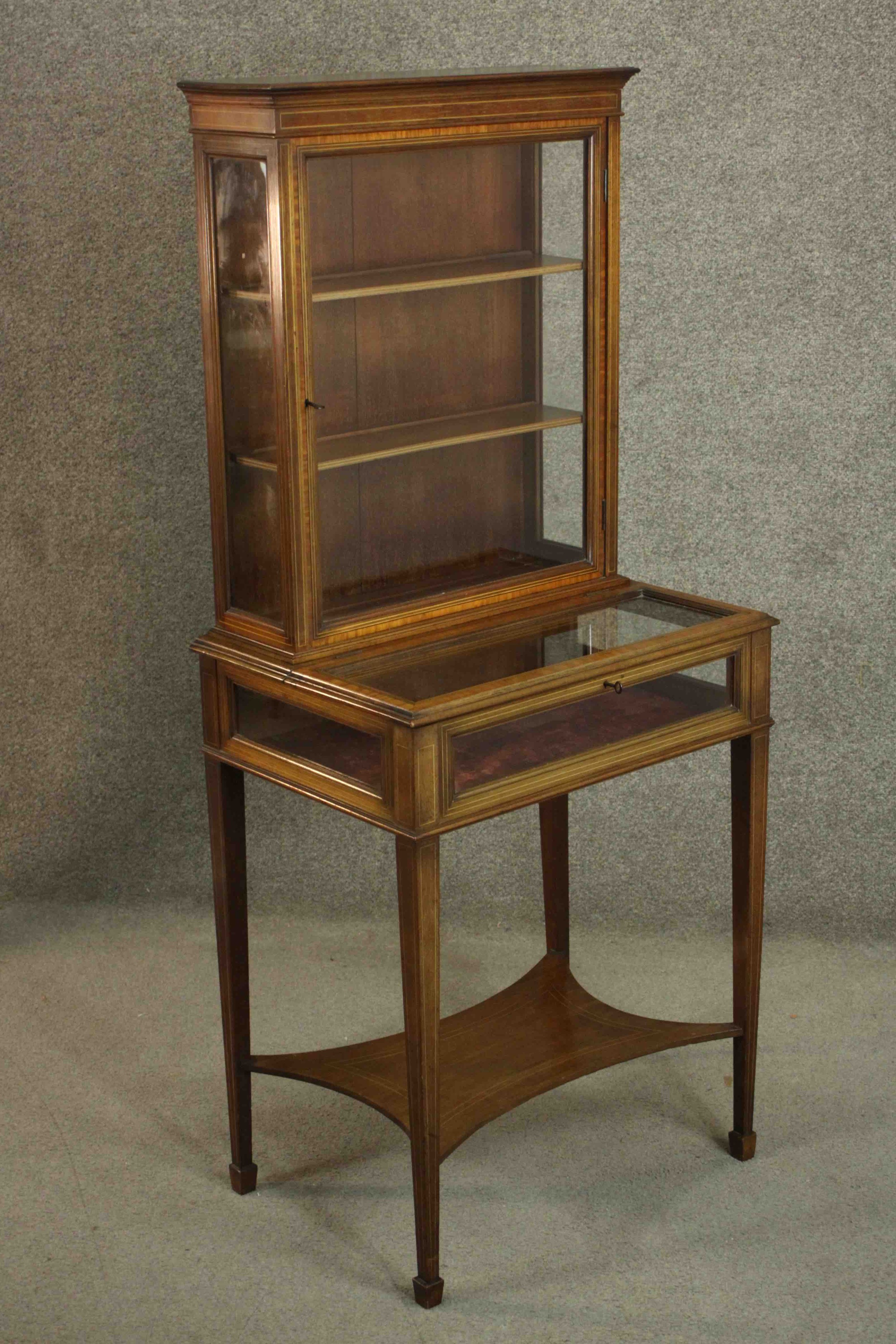 An Edwardian Sheraton revival display cabinet, crossbanded with satinwood and line inlaid, the upper - Image 3 of 9