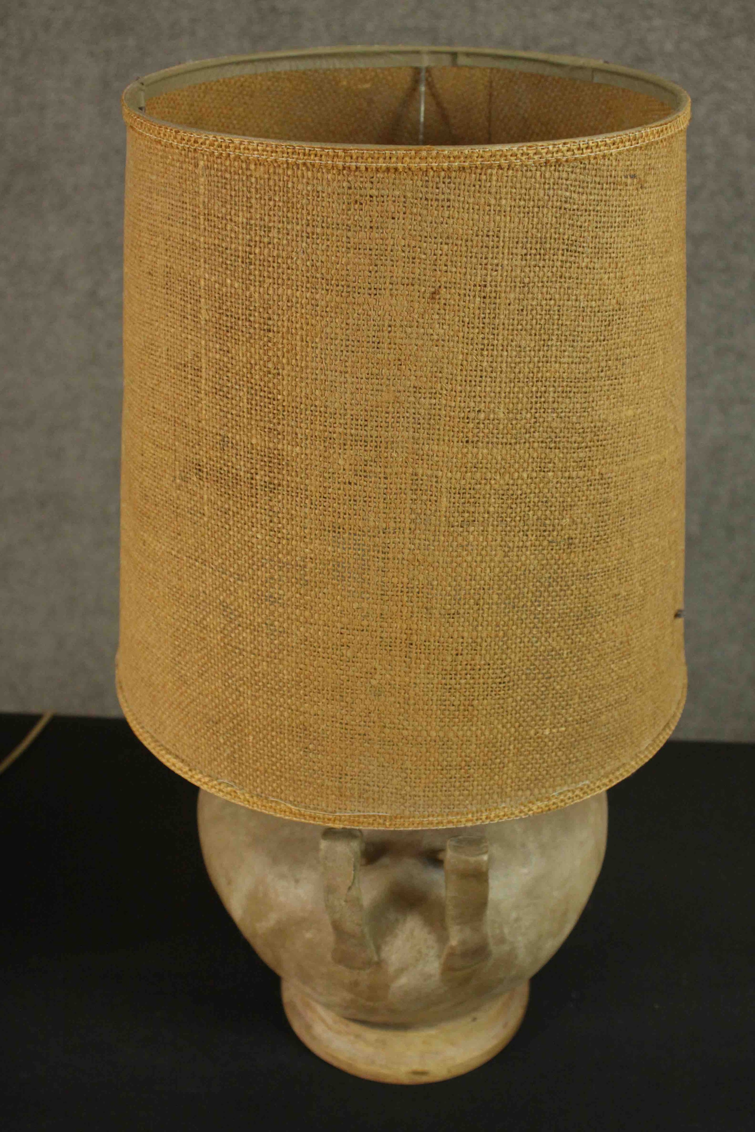 A pair of camel intestine twin handled table lamps with turned tops and bases. H.57 Dia.13cm. - Image 4 of 5