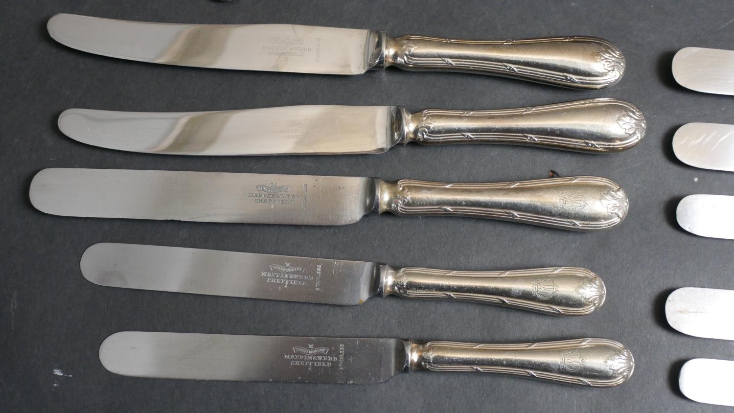 A collection of forty pieces of Mappin and Webb silver plated cutlery. Each piece with an engraved - Image 4 of 7