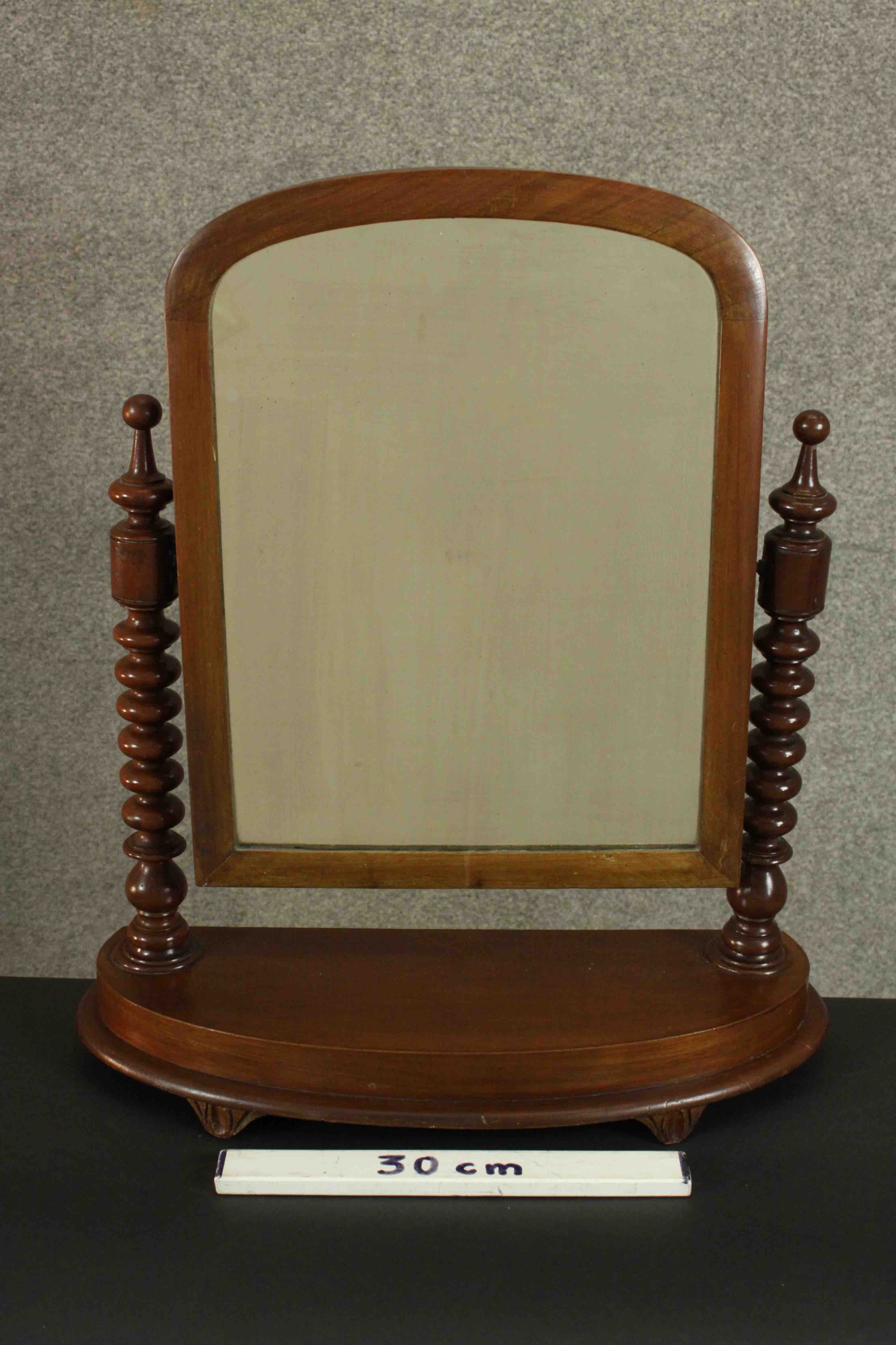 A Victorian walnut dressing table or toilet mirror, of rounded arch form supported by bobbin - Image 2 of 6