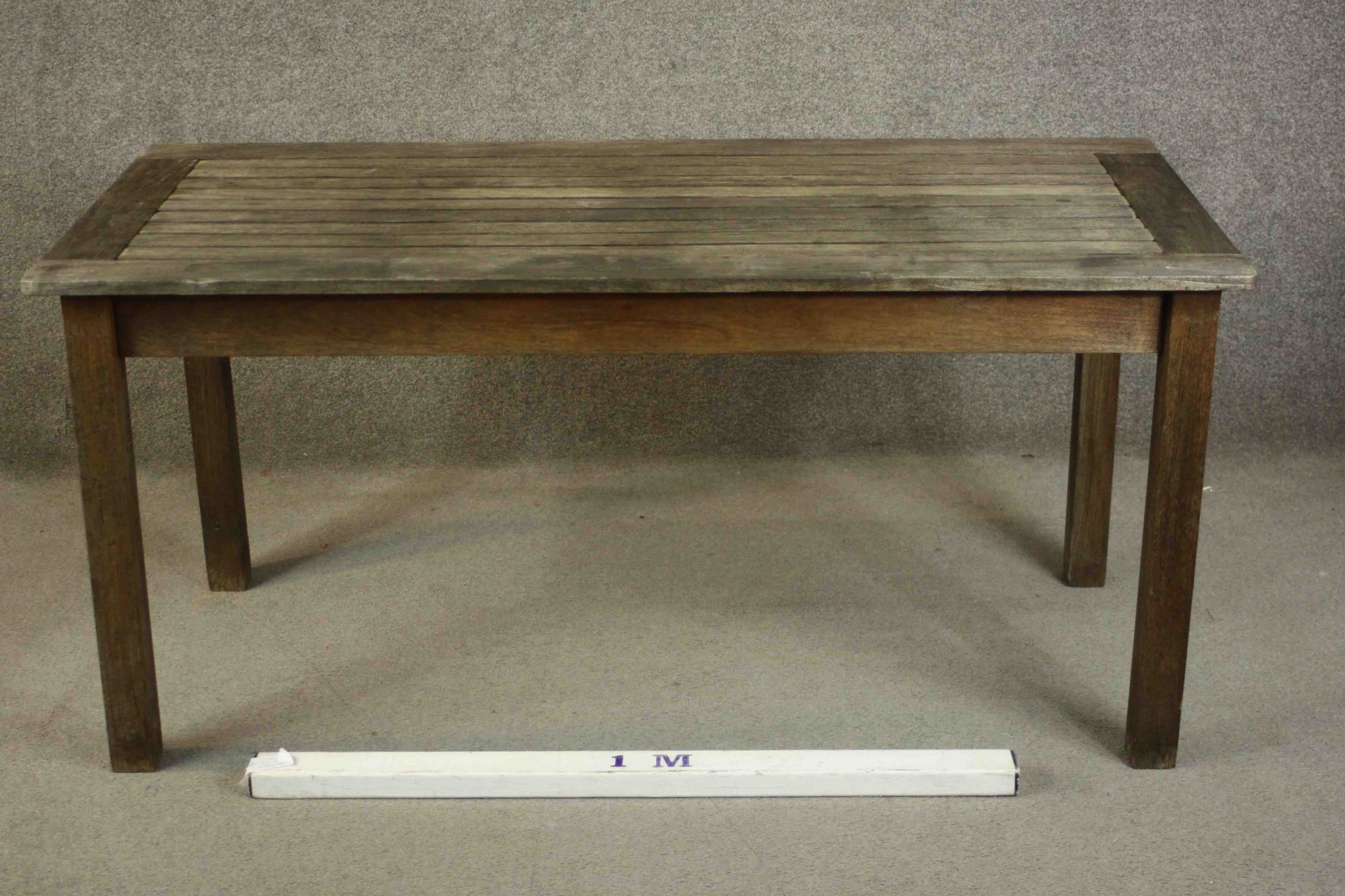 A contemporary Barlow and Tyrie oak garden dining table, with a rectangular slatted top on square - Image 2 of 8